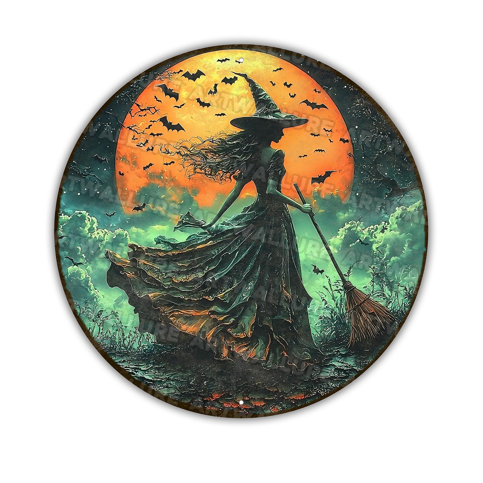 Round 2D Halloween Witch Vintage Sign Halloween Bat Metal Tin Sign for Home Bar Kitchen Hotel Dining Room Coffee 8x8inch