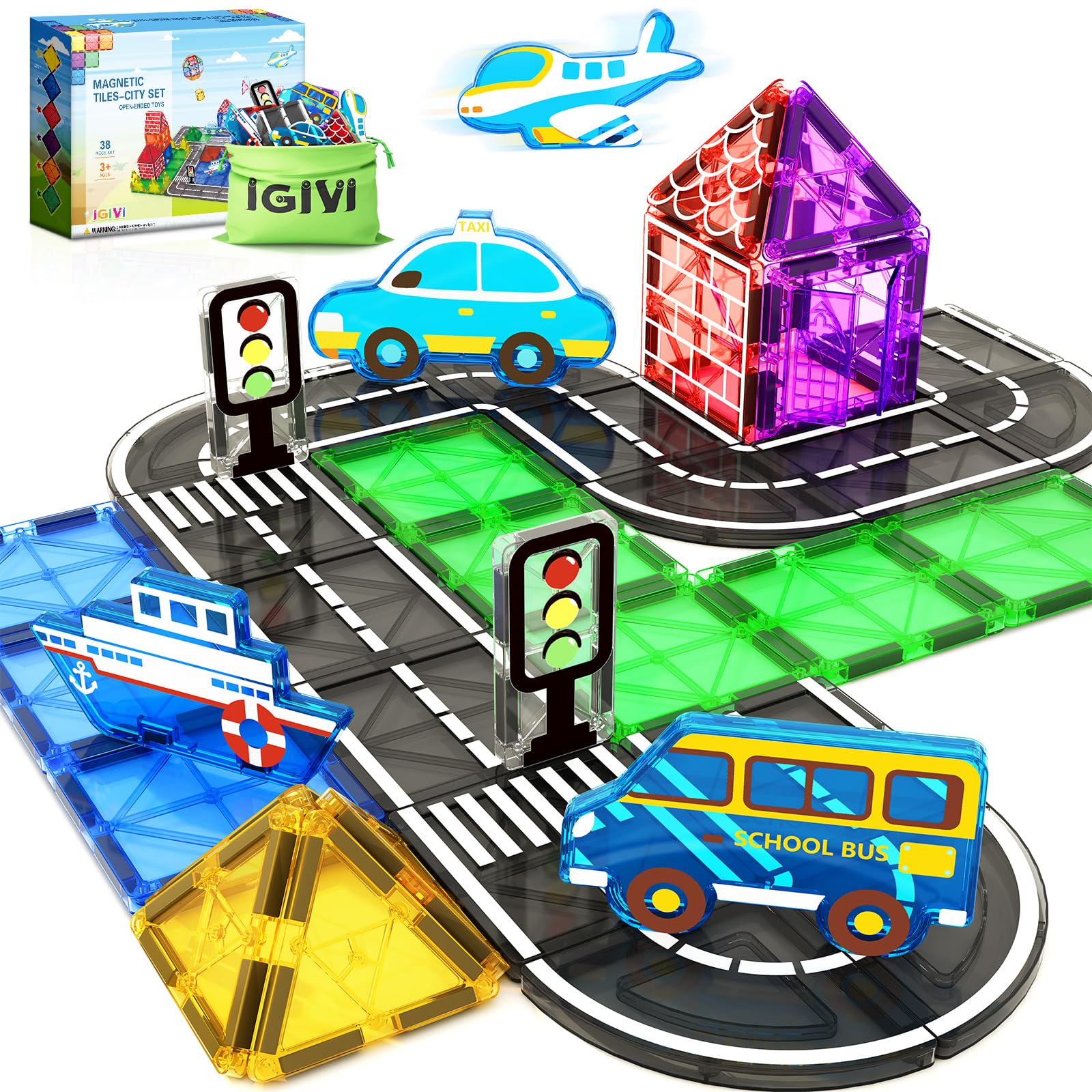 IGIVI 38PCS Magnetic Tiles Road Set, Magnetic Building Blocks for Toddlers, STEM Construction Toys for Kids Ages 3+, Gifts Toys for Boys & Girls
