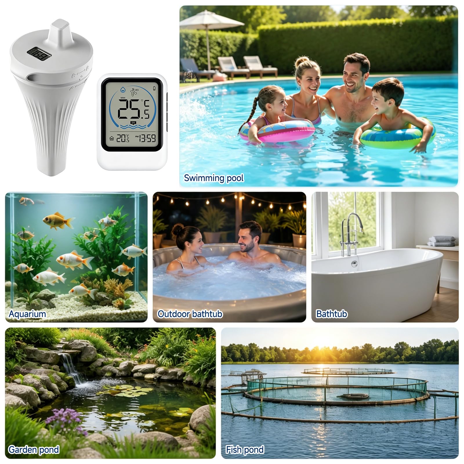 Pool Thermometer Funk, Poolthermometer Digital Funk, Schwimmendes Pool Thermometer mit IP68 Wasserdicht, Basisstation für Innenraum mit Temperatur & Uhrzeit, mit Außensensor, für Pool Teich Whirlpool