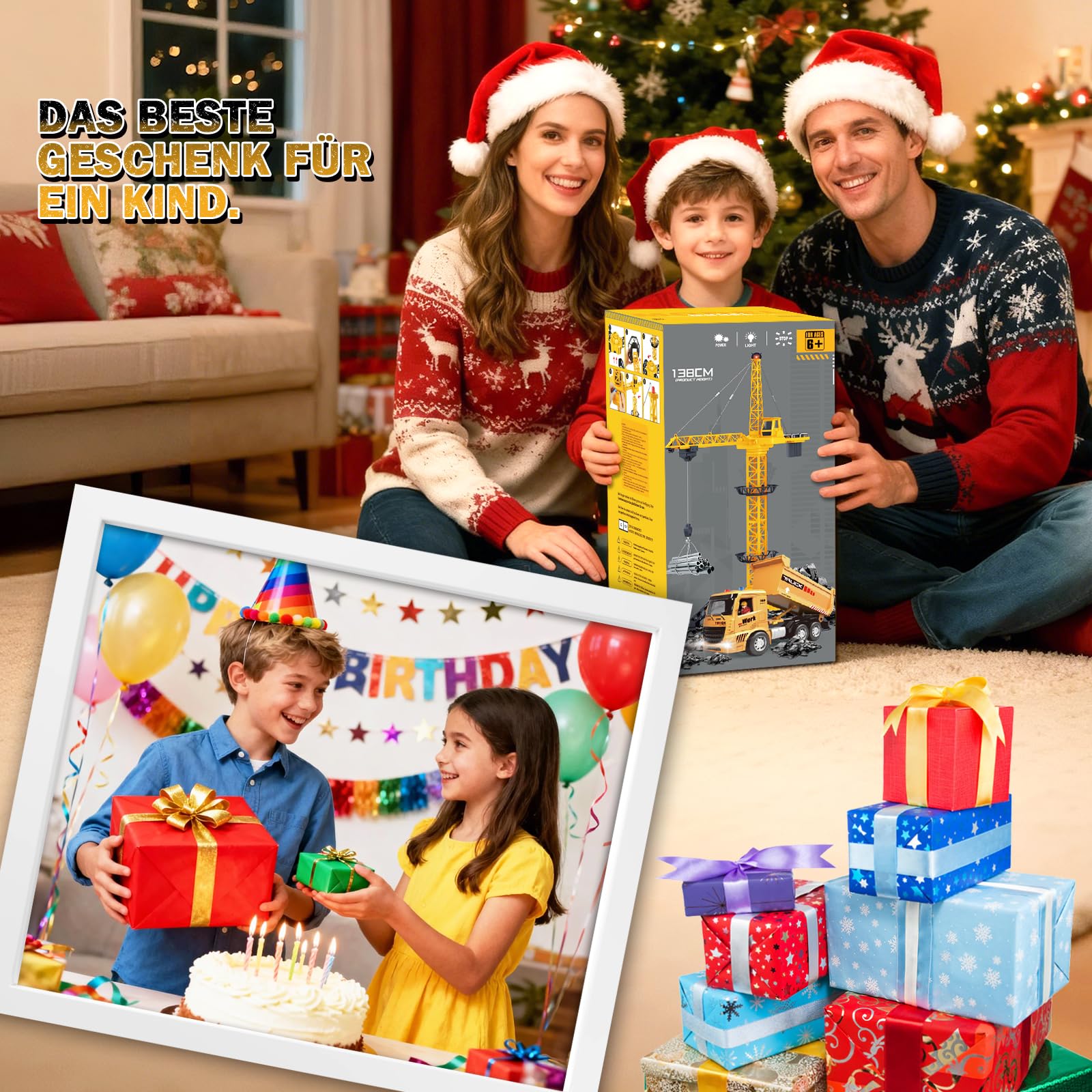 HILKKET Gru a Torre Telecomandata 138 cm, RC Gru a Torre, 2,4 Hz, 6 Canali Grue Telecommandée, Crane De Chantier Enfant con RC Dumper, Luci, Suono Grue Radiocomandata pour Enfants