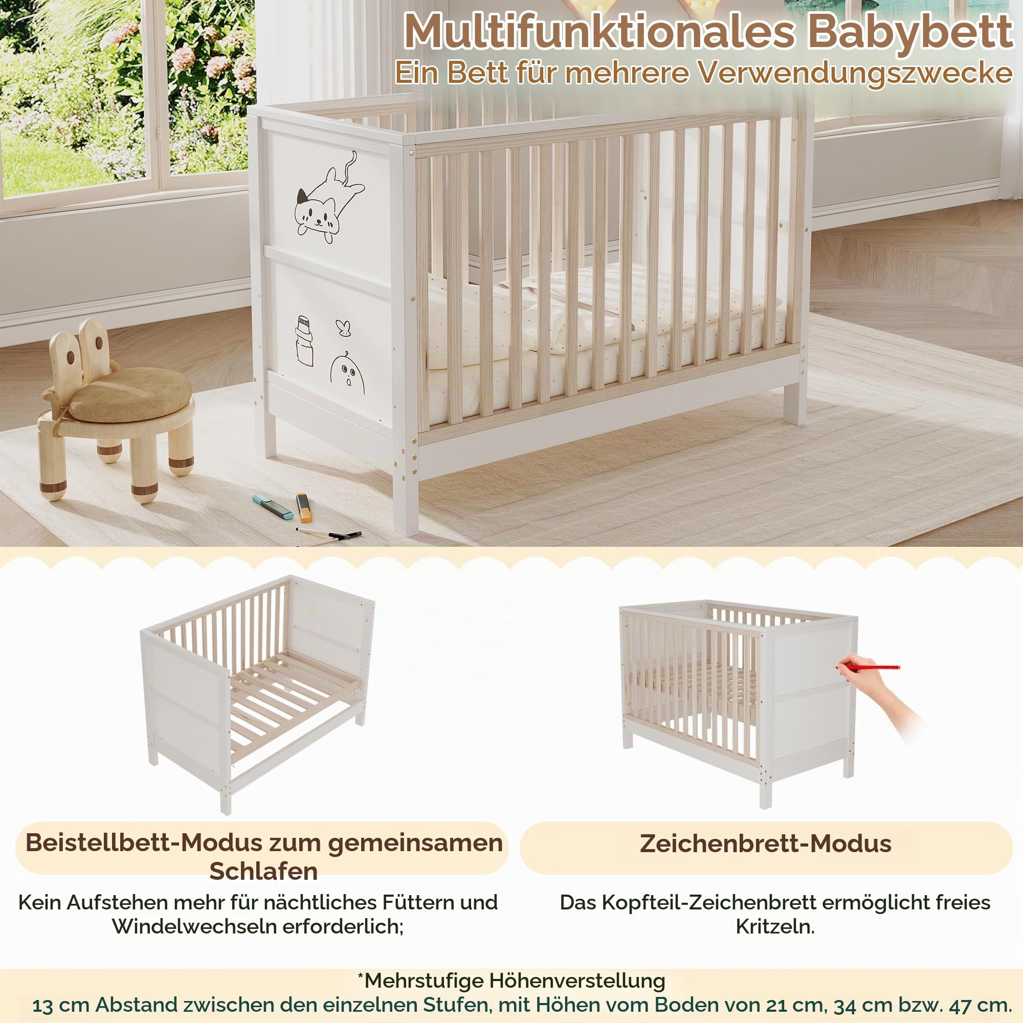 BTM Babybett Höhenverstellbar Babybett mitwachsend Baby Beistellbett/Kinderbett 60x120 mit Bemalbaren Tafeln Massivholz