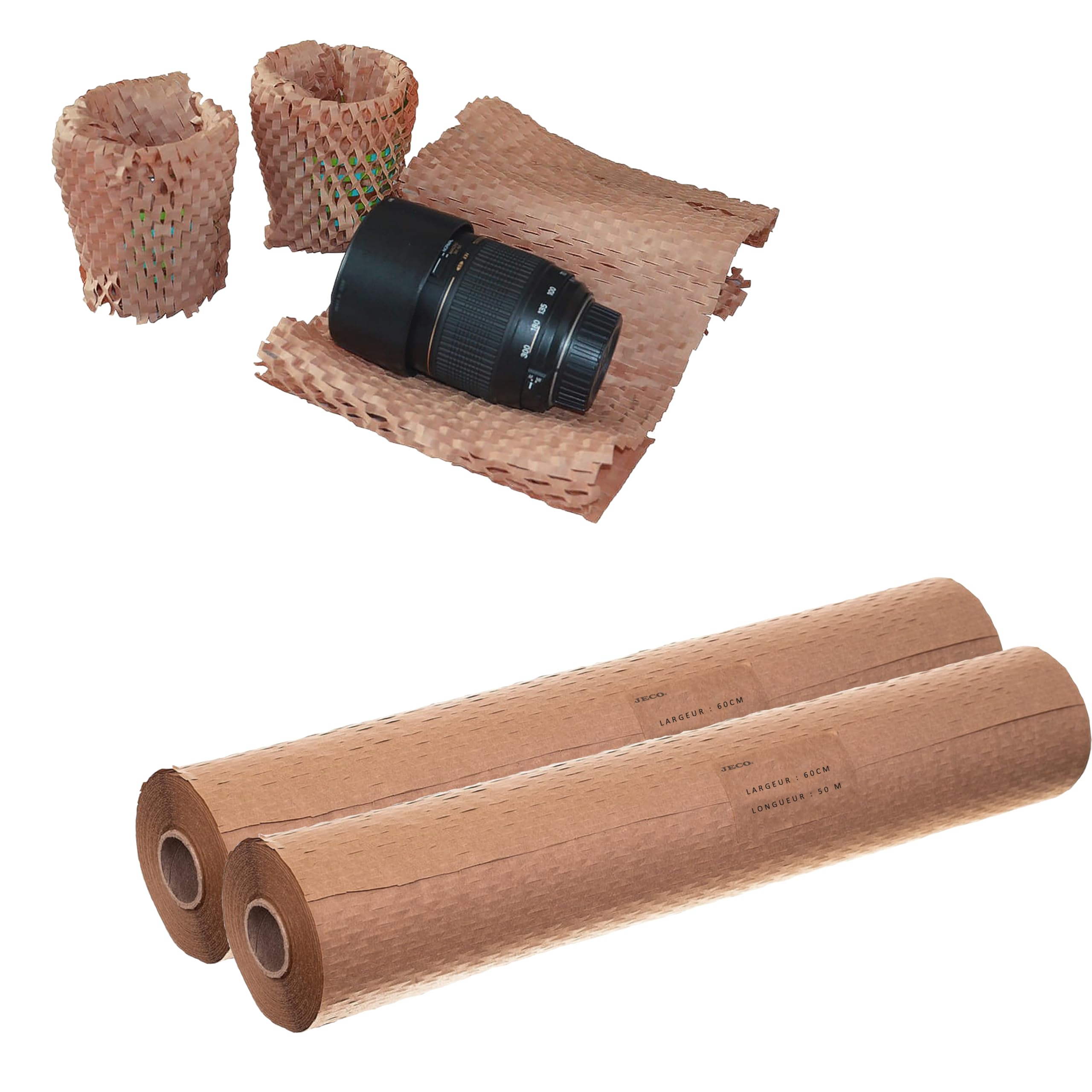 Jeco - Lot de 2 rouleaux de papier kraft en nid d’abeille Emballage 60cm x 50m écologique pour protection, rembourrage, emballage cadeaux, déménagement, remplace le film bulles