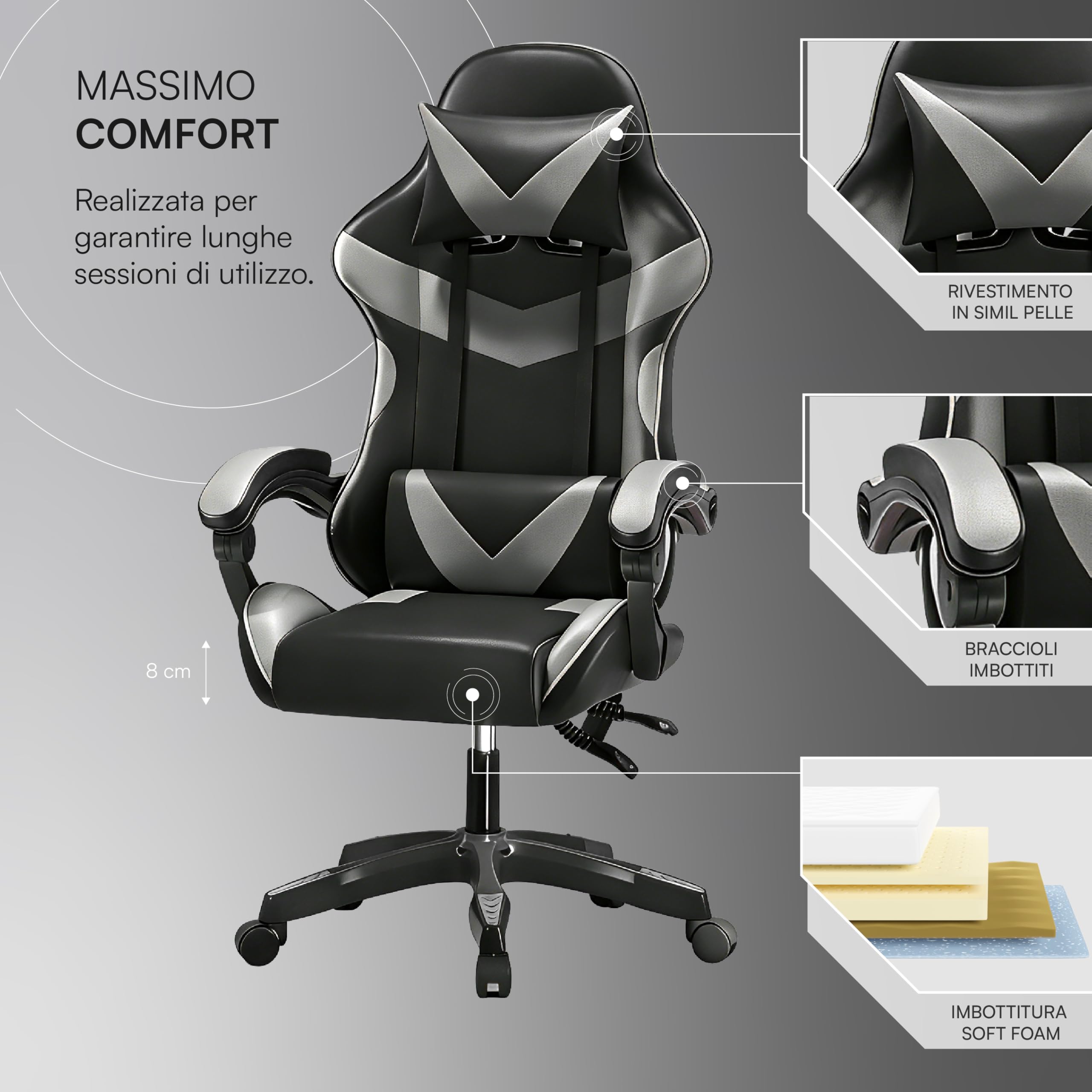 Baroni Home Sedia Gaming con Schienale Ergonomico Inclinabile e Altezza Regolabile, Sedia Ufficio con Supporto Lombare, Poggiatesta Imbottito, 50x62x110-120 cm, Nera e Grigia