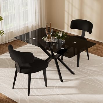 Luxury Modern Dining Set, 47" Glass Table with 2 Boucle Dining Chairs, Kitchen Table with Stable Metal LegsAll Black
