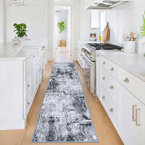 KOZYFLY Alfombra abstracta moderna para pasillo de 2 x 8 pulgadas, color gris, antideslizante, lavable, alfombra de pasillo de lavandería, alfombra