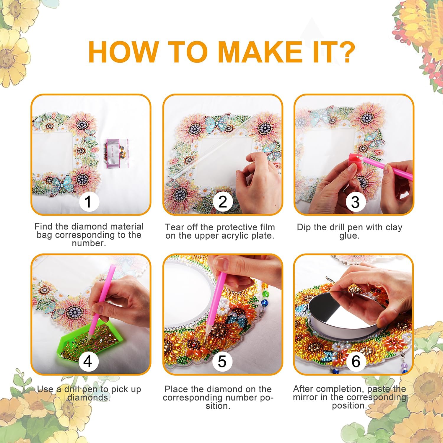 2Pcs Mirror, Sunflower Diamond Makeup Mirror, Special Shaped Crystal DIY Suncatcher for Beginner Arts Crafts Gifts Home Decor