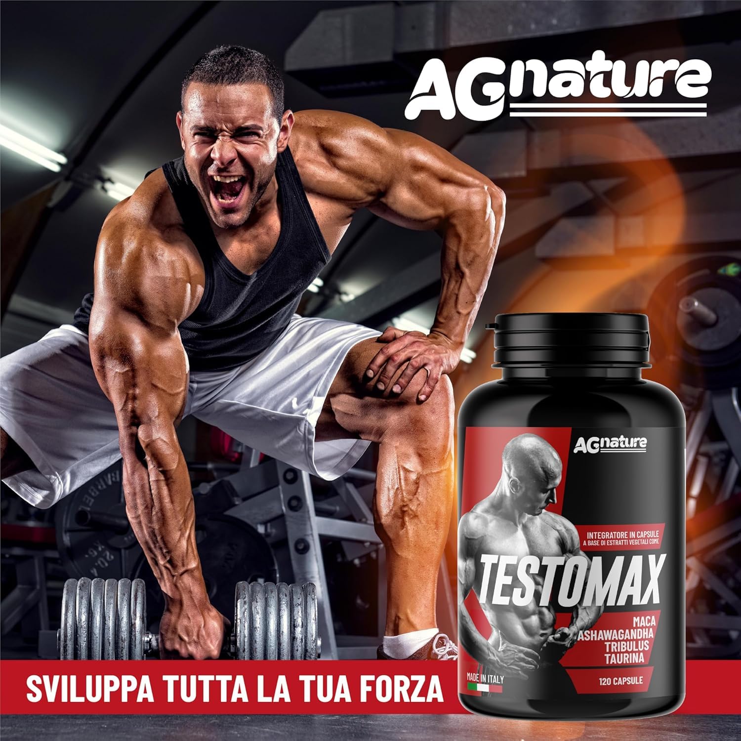 AG nature Testosterone Uomo Aumento Massa Muscolare x Palestra 120 Capsule | Integratore Forte Energizzante con Maca Peruviana, Magnesio, Zinco e Vitamina B6