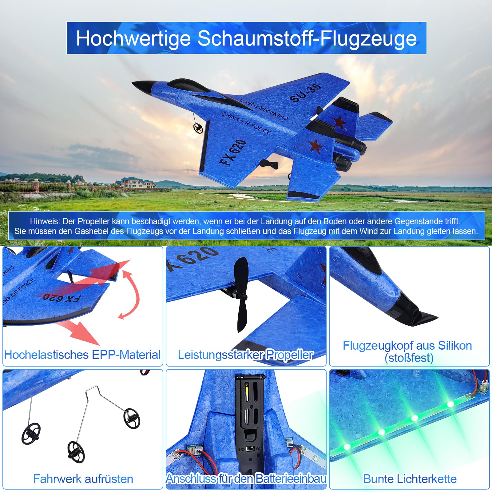 Henakmsl RC Flugzeug 2CH Ferngesteuerter SU35 Kämpfer 2.4GHz RC Flugzeug RTF für Anfänger, Kinder und Erwachsene, FX620 Flugzeug Spielzeug mit Farbigen Lichtern USB-Aufladung Blau