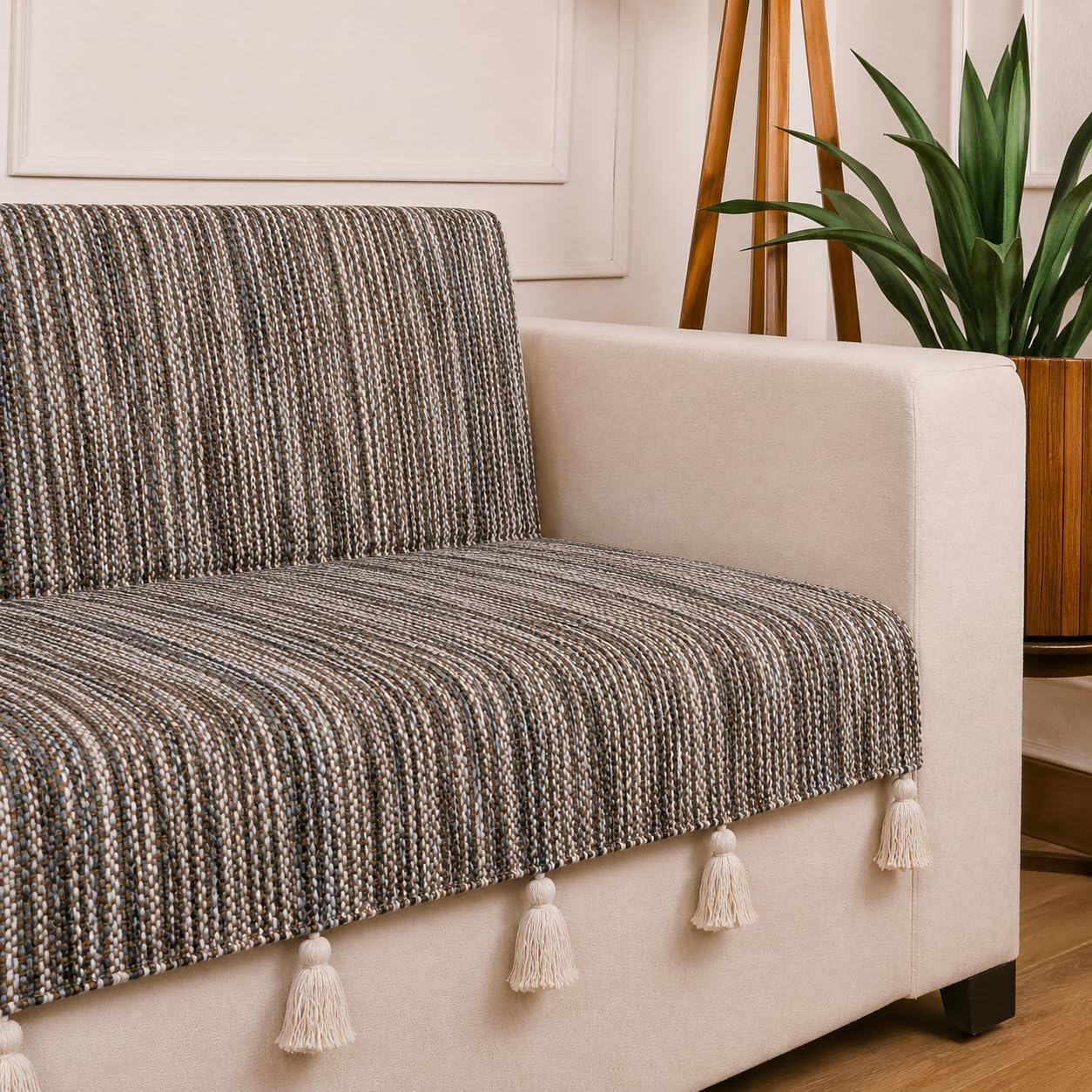 STITCHNEST 'Nomad Weave Collection' 1 Seater Sofa Cover – Full Coverage| Elegant Jacquard Fabric, Decorative Tassels, Washable & Durable for Modern Living