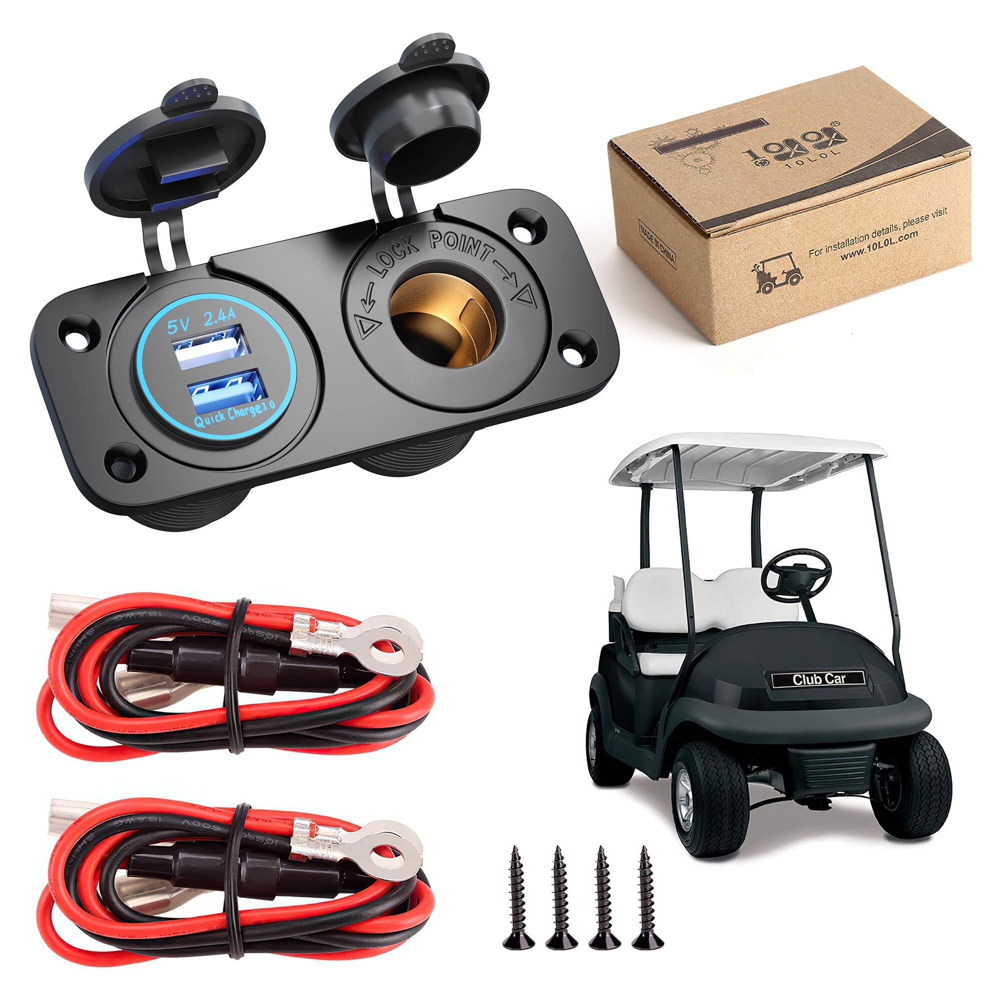 10L0L Golf Cart Cigarette Lighter Outlet & Quick Charge 3.0 DC 12V Input Waterproof USB Charger Power Adapter Dual USB Ports Panel for Yamaha EZGO Club Car — image 1