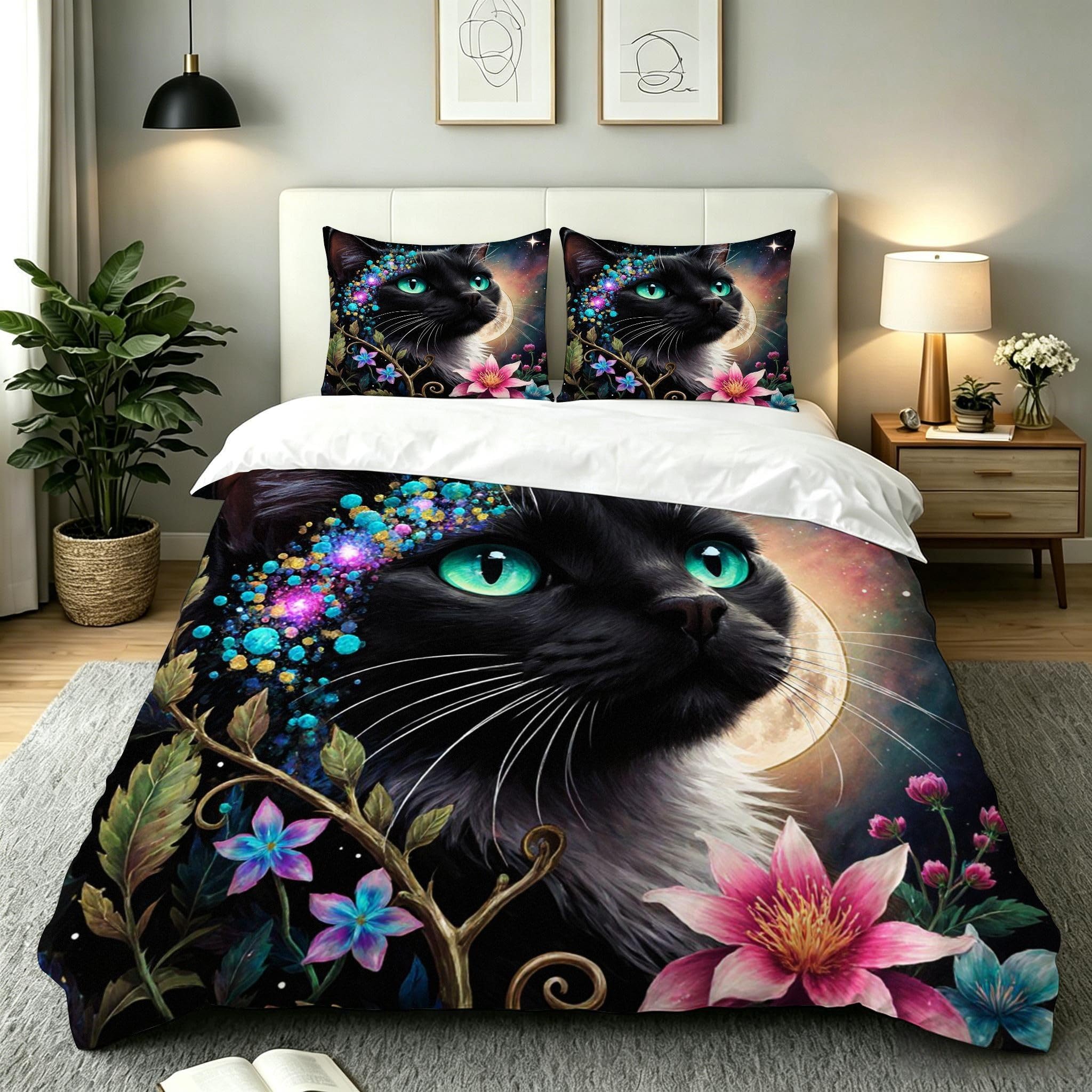 Housse de Couette 240x260 Chat Noir en Microfibre Premium avec Attaches