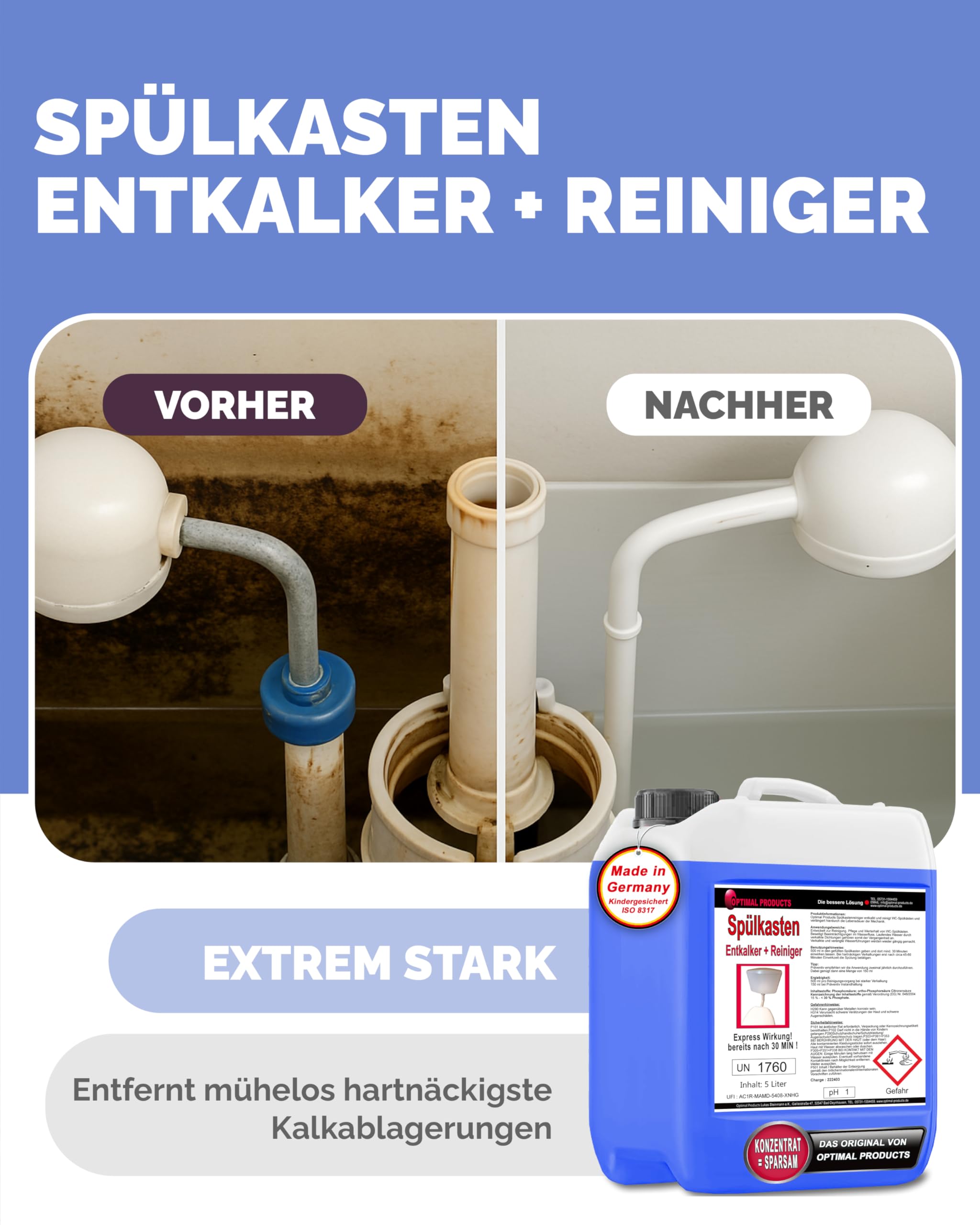 Optimal Products 5 Liter Spülkasten Entkalker mit Express-Wirkung nach 30 Minuten, 2 in 1 - Löst Kalk und reinigt den WC-Spülkasten