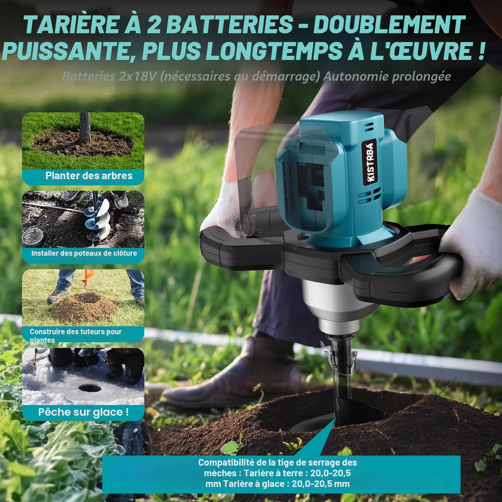Tarière sans fil pour batterie Makita 18 V (sans batterie), perceuse électrique sans balais 1200 W, double connexion de batterie, convient pour tarière de 205 mm de diamètre (non incluse)