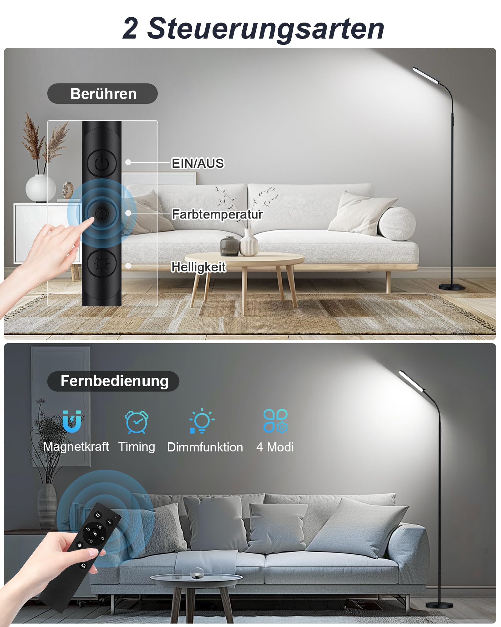 TRUMPETS 18W Stehlampe LED Dimmbar 2000LM mit Fernbedienung Unendliche Farbtemperatur & lineare Leuchtdichte, 360° Flexibler Schwanenhals,1 Hour Timer, floor lamp für Wohnzimmer Schlafzimmer