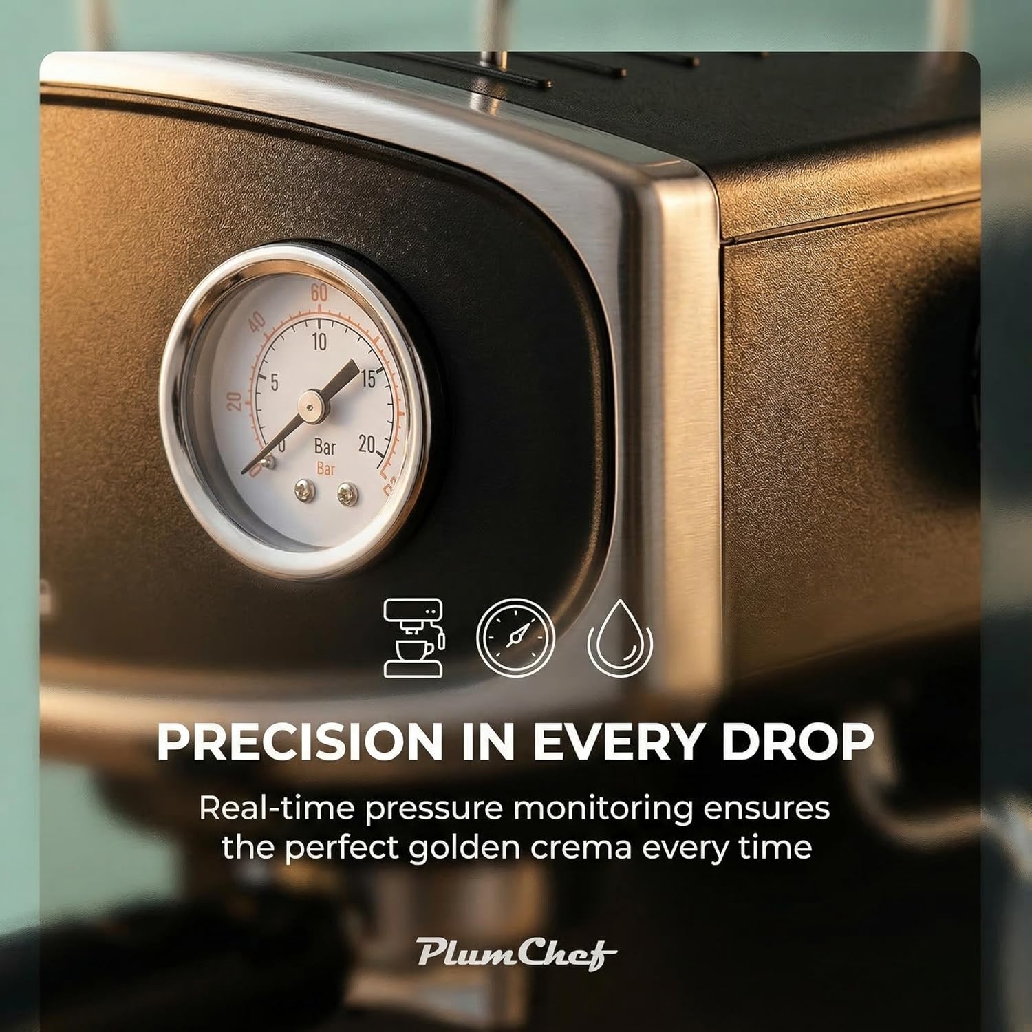 PlumChef 20 Bar Espresso Machine, Retro Coffee Maker with Pressure Gauge, Steam Wand for Latte & Cappuccino, Built-in Cup Warmer, 54oz Detachable Water Tank, ESE Pod & Ground Coffee Compatible