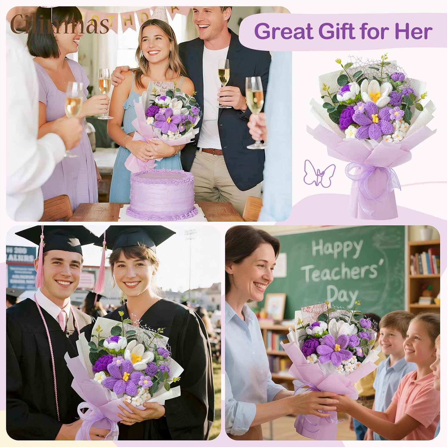 Crochet Flower Bouquet,Purple Knitted Flowers, Handmade Tulips Roses Bouquet for Birthday Party Mother's Day Graduation Gifts(With Card) - Image 5