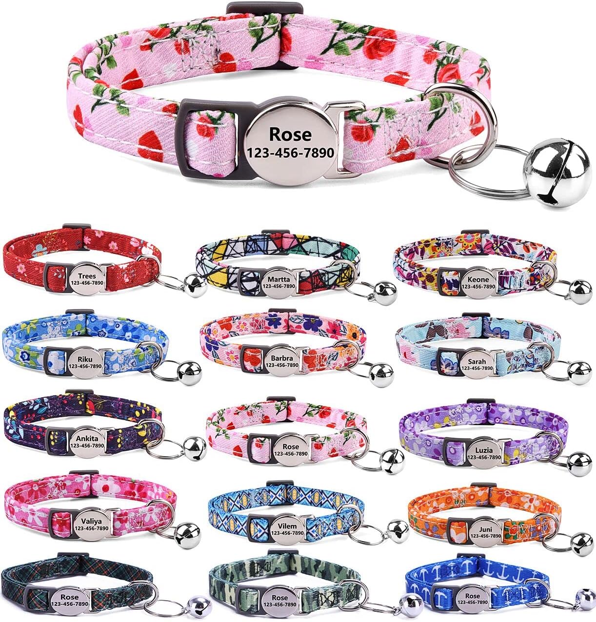 Moonpet Custom Personalized Breakaway Cat Collar with ID Name Phone Number Tag Plate/Customized Engraved Floral Pattern Boy Girl Cat…