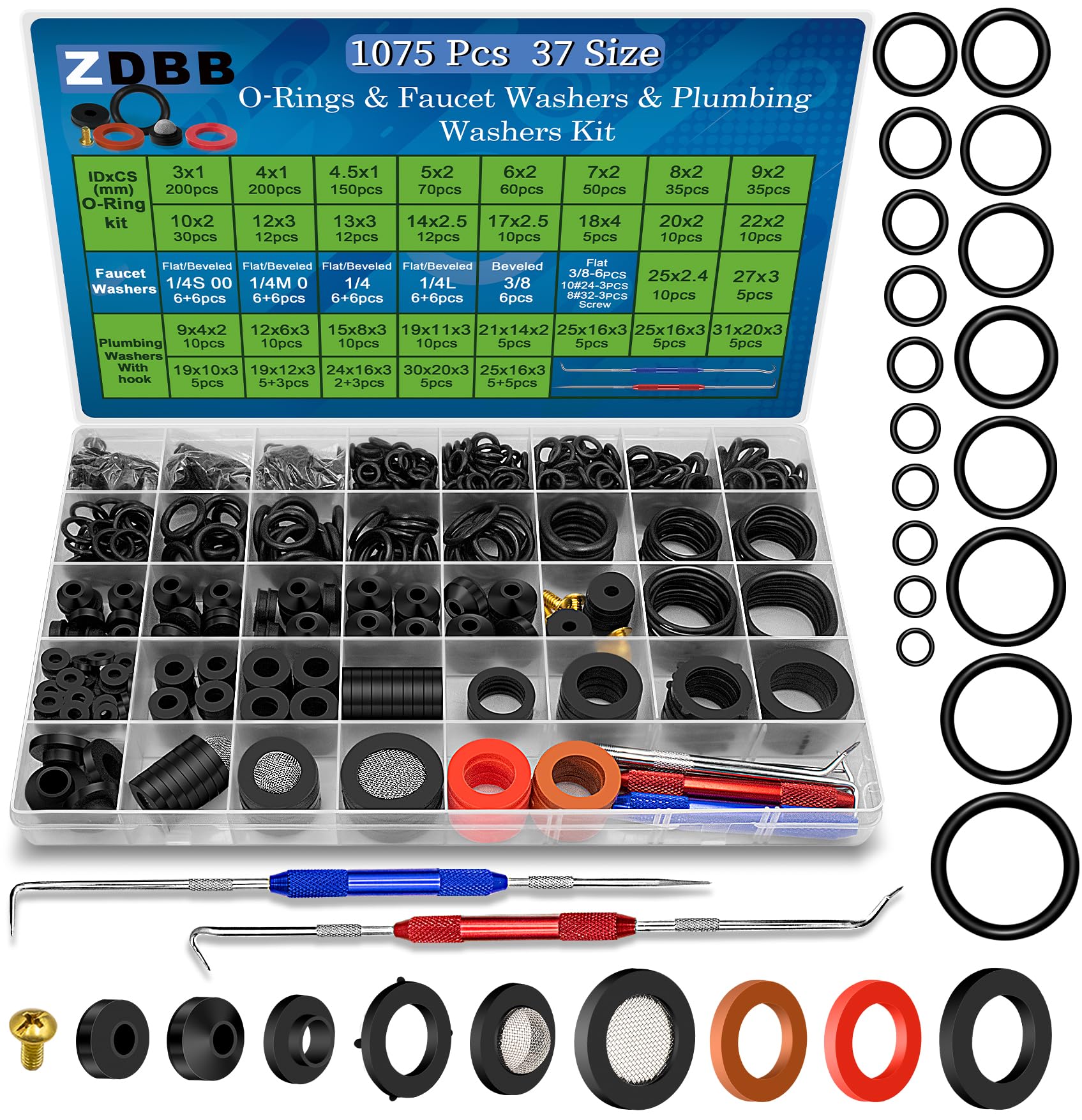 1075 Pcs 3-in-1 Spigot Repair Washers & Hose Gasket & Faucet O-Rings Kit 37 Size Plumbing Rubber Washers Assortment Set for Kitchen Faucet Outdoor Hose Bib Water Spigot Seal Repair