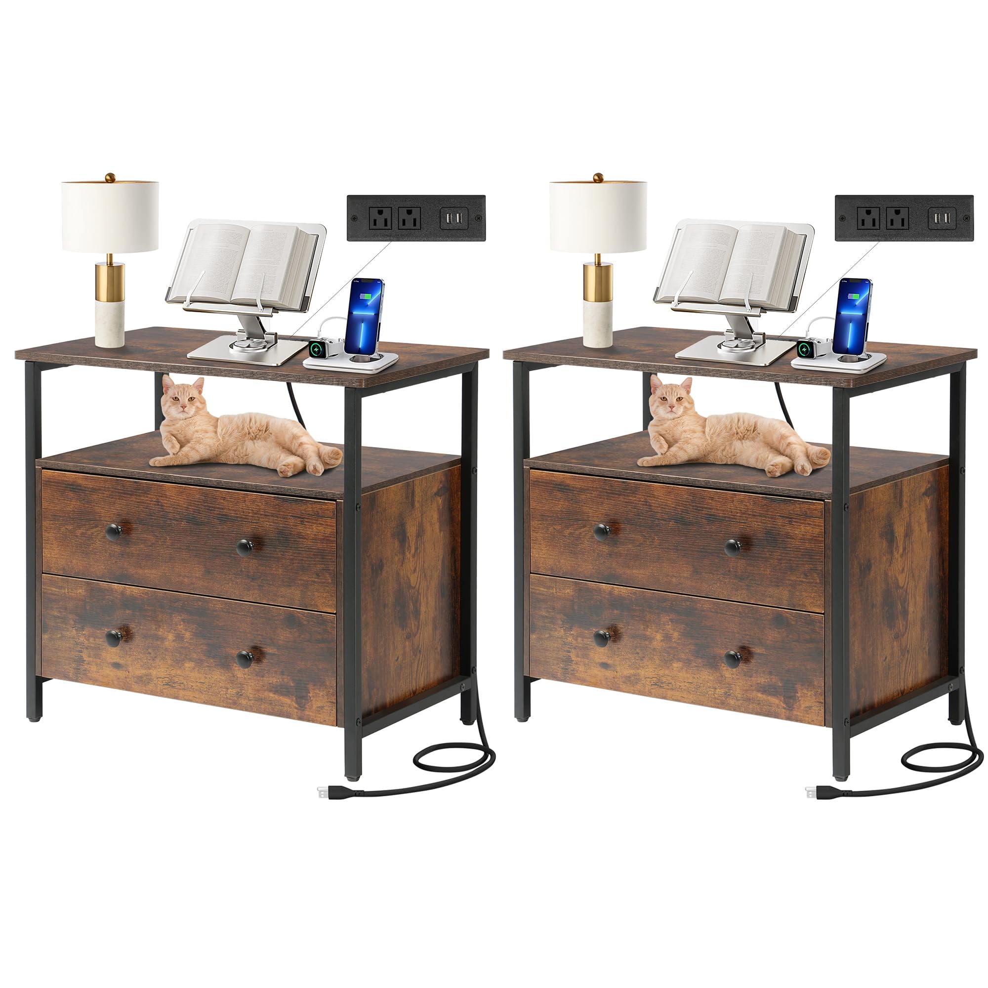 27 inch Wide Nightstand with Charging Station, Bedside Table with Open Shelf, 2 Drawers Small Wood Dresser, End Side Table for Bedroom (2 Pack,Rustic Brown)