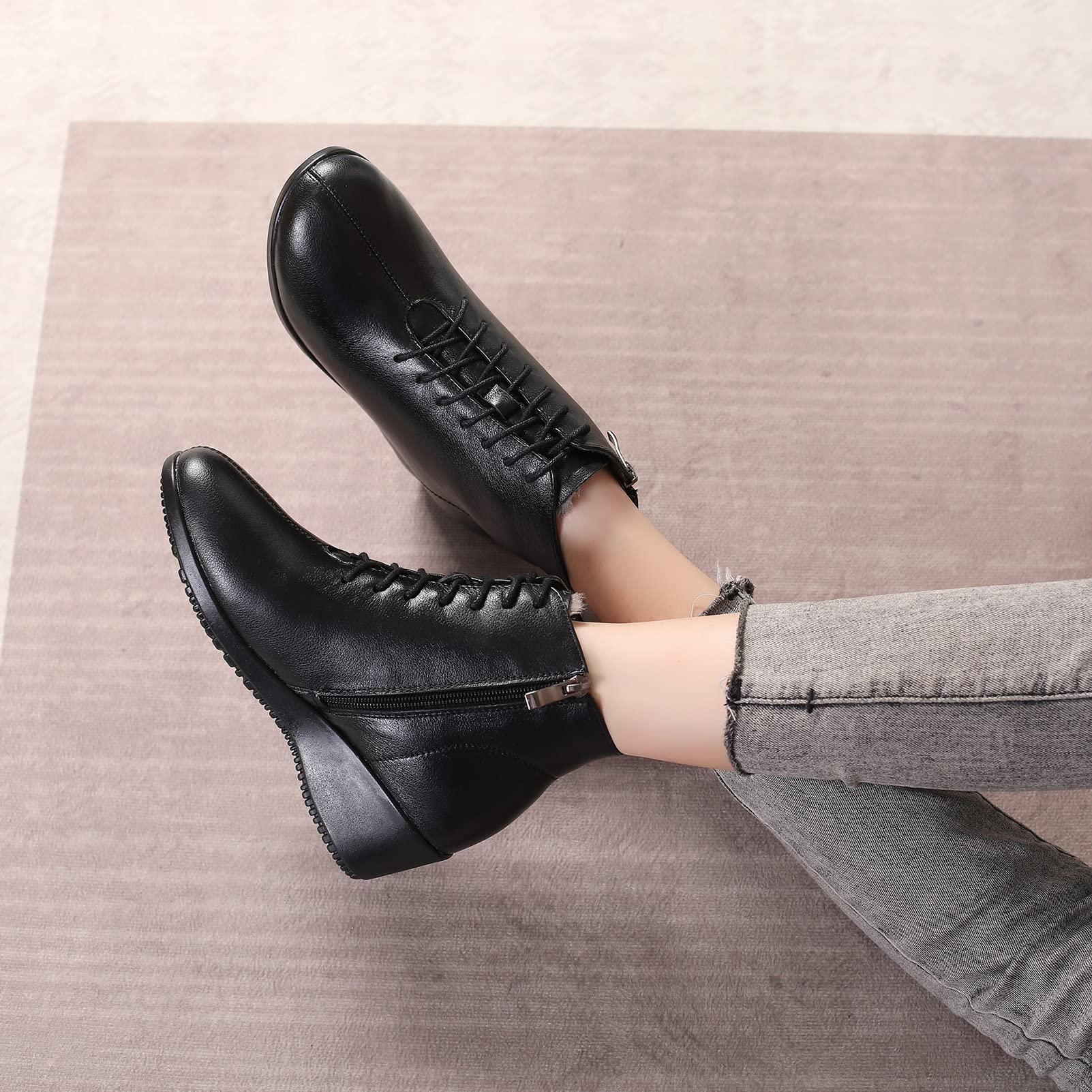 Mujer Moda Piel Genuina Botas Cuña con Cordones Botines de Invierno con Forro de Cuero/Forro de Felpa Caliente