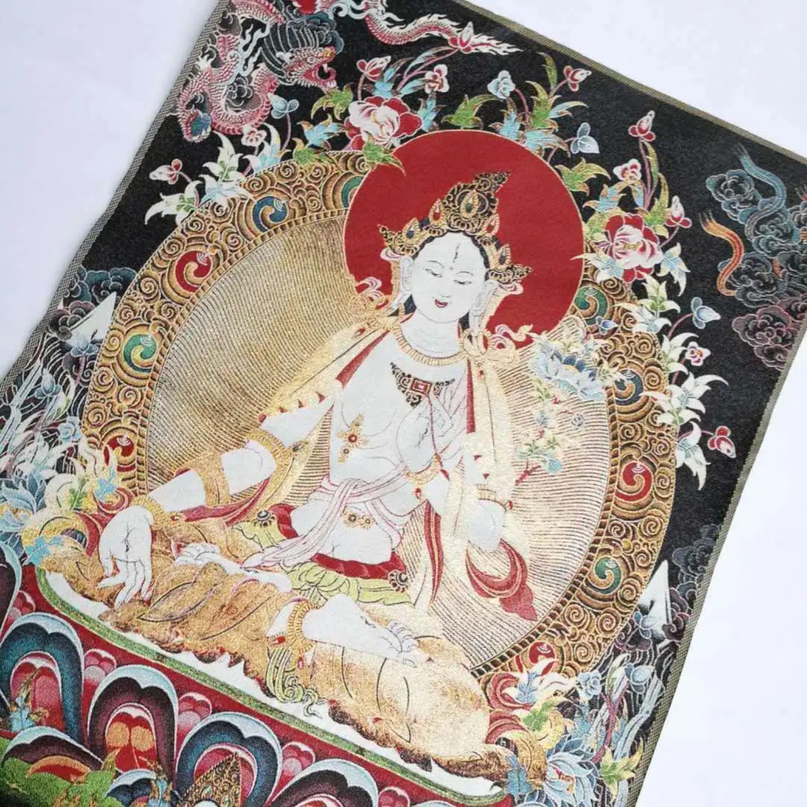 FENNYYAR Tela tibetana tibetana in seta bianca Tara, 90 cm, decorazione murale Guanyin Kwan-yin Tangka Thangka