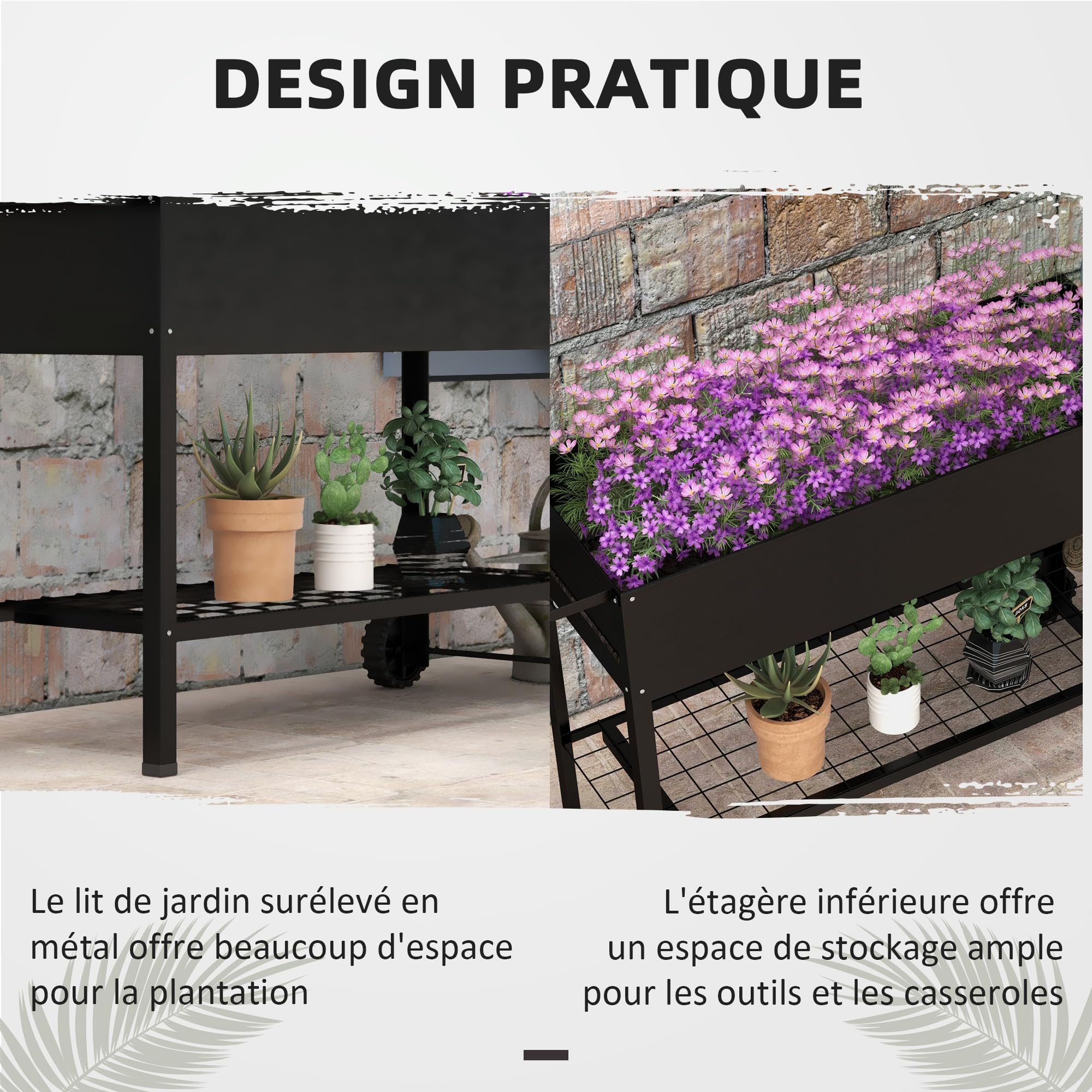 Outsunny Jardinière sur Pieds Potager dim. 109L x 39l x 80H cm étagère 2 Roues + Insert d'irrigation métal Noir