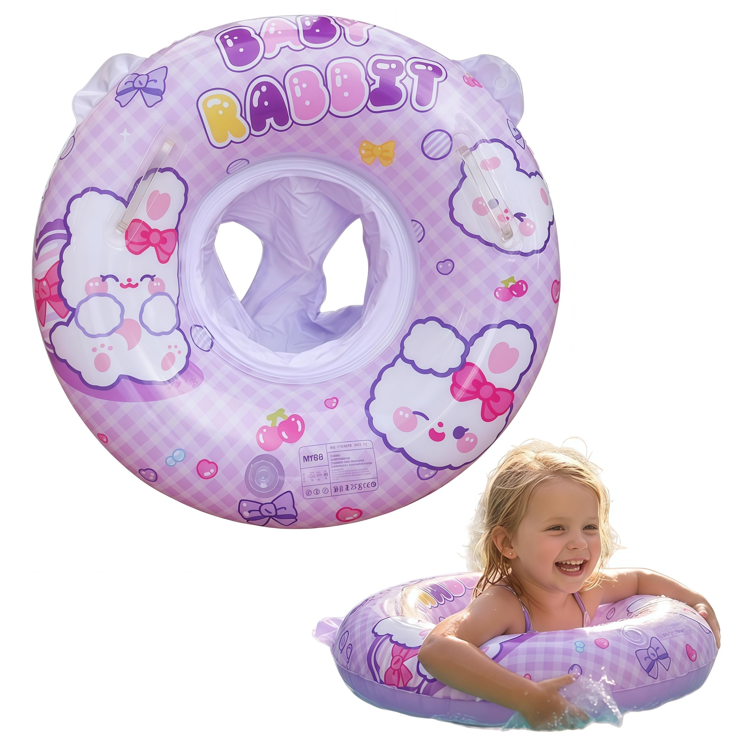 NIFTYY Blue Shark & Purple Bunny Pocket Swimming Rings for Kids, Inflatable Swim Tube Float with Mesh Pocket, Pool Party Toy for Toddlers & Children, Summer Fun Swim Aid for Boys & Girls (Purple)