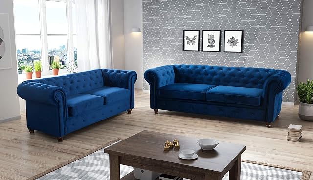 Amazing Sofas MANY COLOURS Chesterfield sofa ROMA INFINITY Velvet FABRIC SOFAS LARGE 3 2 SEATER COUCH (2 SEATER, BLUE PLUSH)