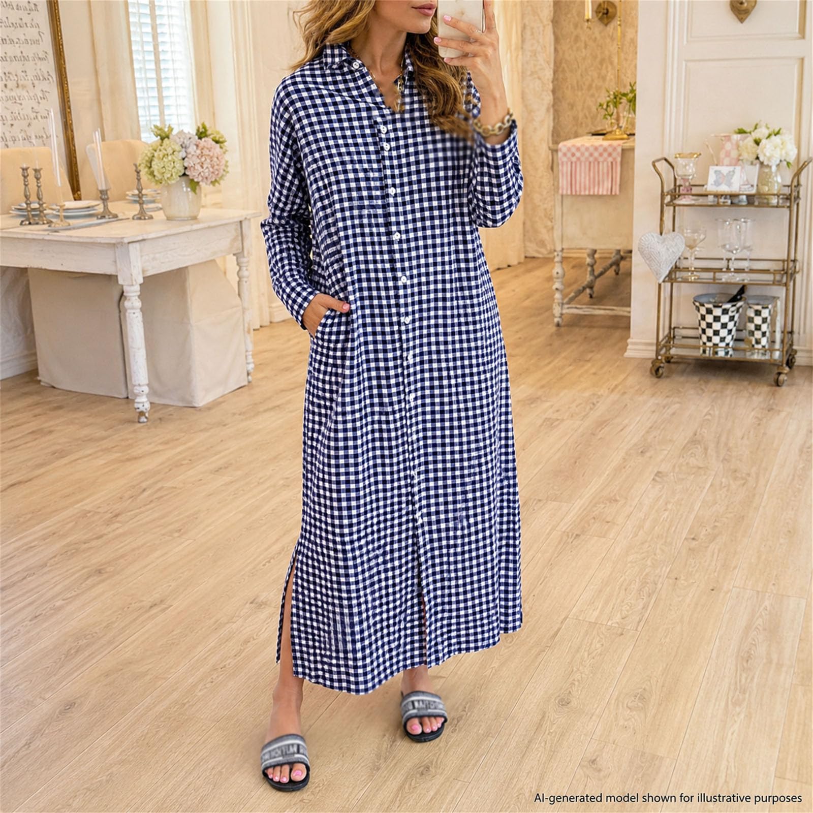 Abito da donna a quadretti, maniche lunghe, con bottoni, taglio ampio | Abito a Camicia Elegante A Quadri Con Bottoni E Taglio Ampio Per Ufficio E Tempo Libero