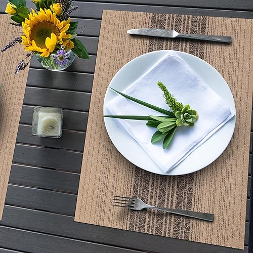 Miniatura 2 de Winknowl Juego de 8 manteles individuales tejidos de vinilo lavables, resistentes al calor y lavables para mesa de comedor de cocina (marrón)