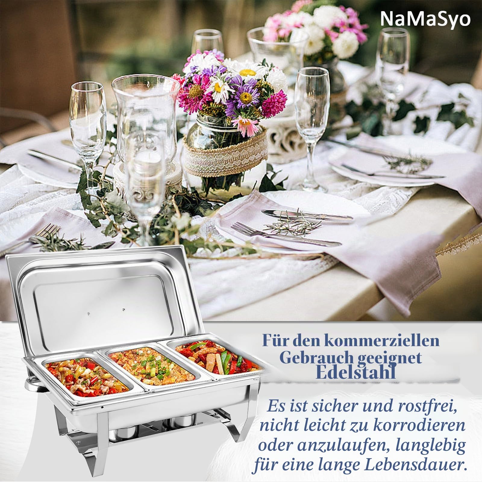 Chafing Dish,Edelstahl Warmhaltebehälter,Speisenwärmer, Edelstahl Speisenwärmer Behälter,Wärmebehälter für Catering, Buffet und Party,55.7x34x38.3cm(FÜR 3 PFANNEN)
