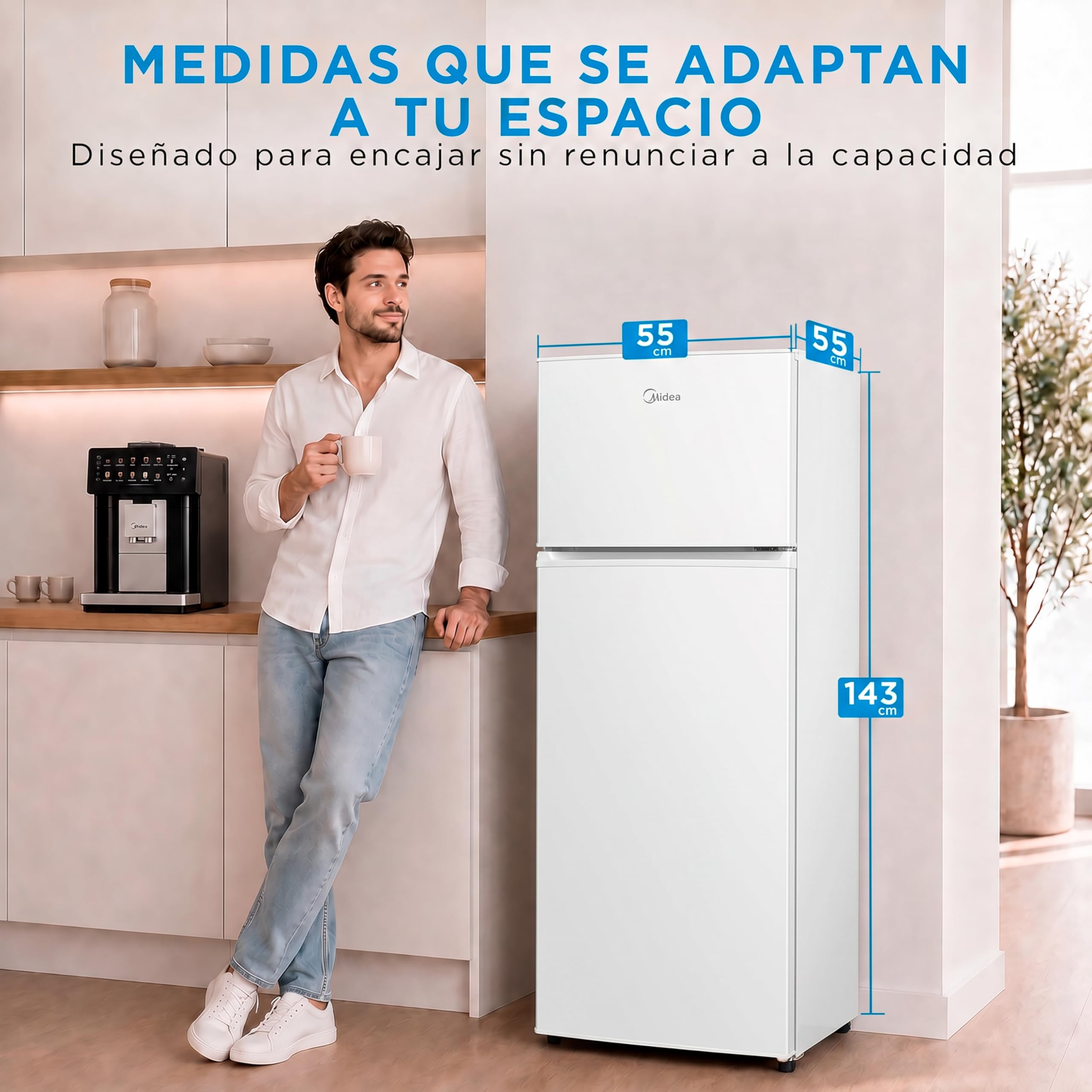 Midea Frigorífico 2 puertas 140 cm alto x 55 cm ancho, Blanco, Capacidad 204 L, Nevera Pequeña con Congelador Low Frost de Bajo Consumo, Puerta Reversible, Luz LED, Silencioso 40dB, Cajón de Frutas