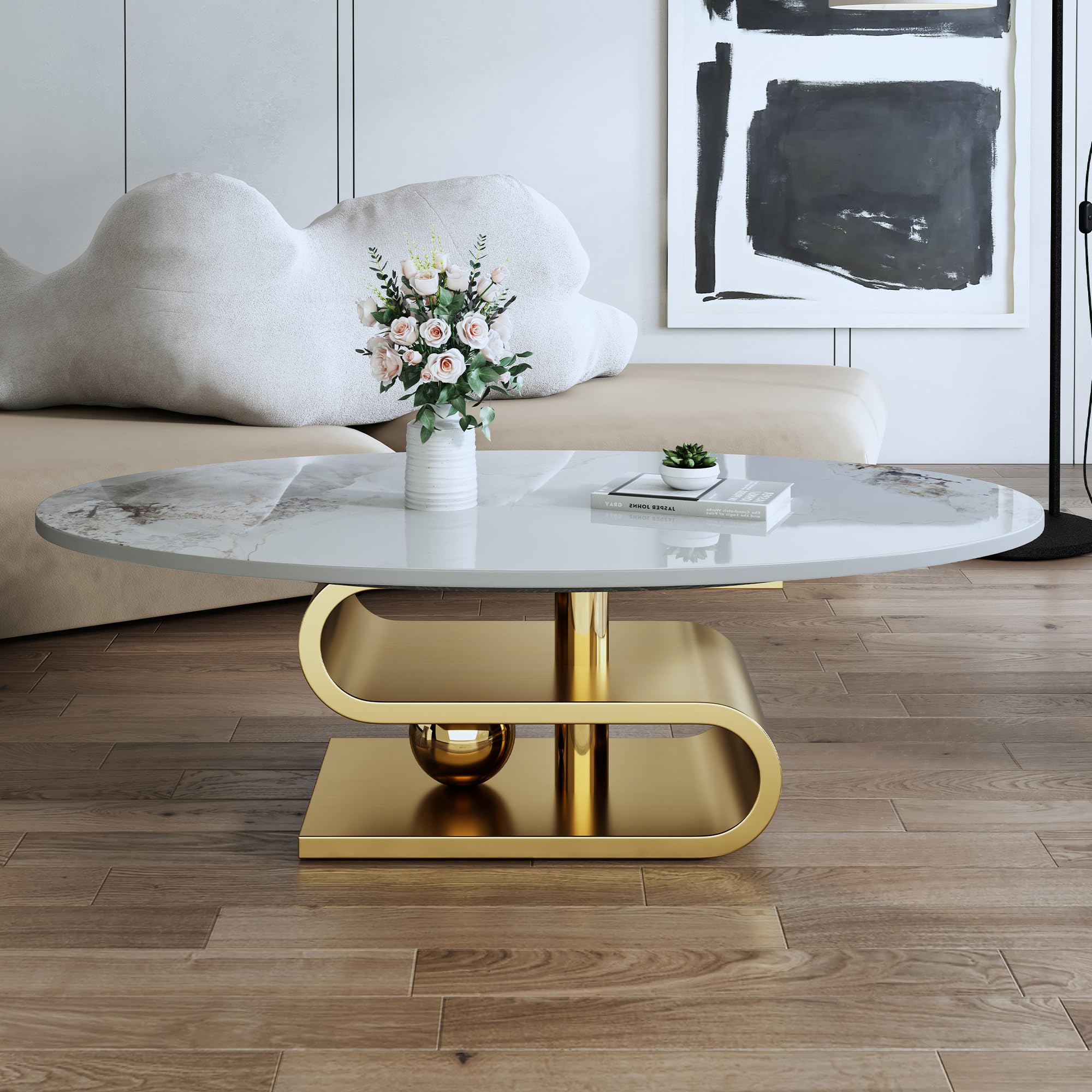 Modern Coffee Table with Luxrious Stainless Steel Pedestal,Oval