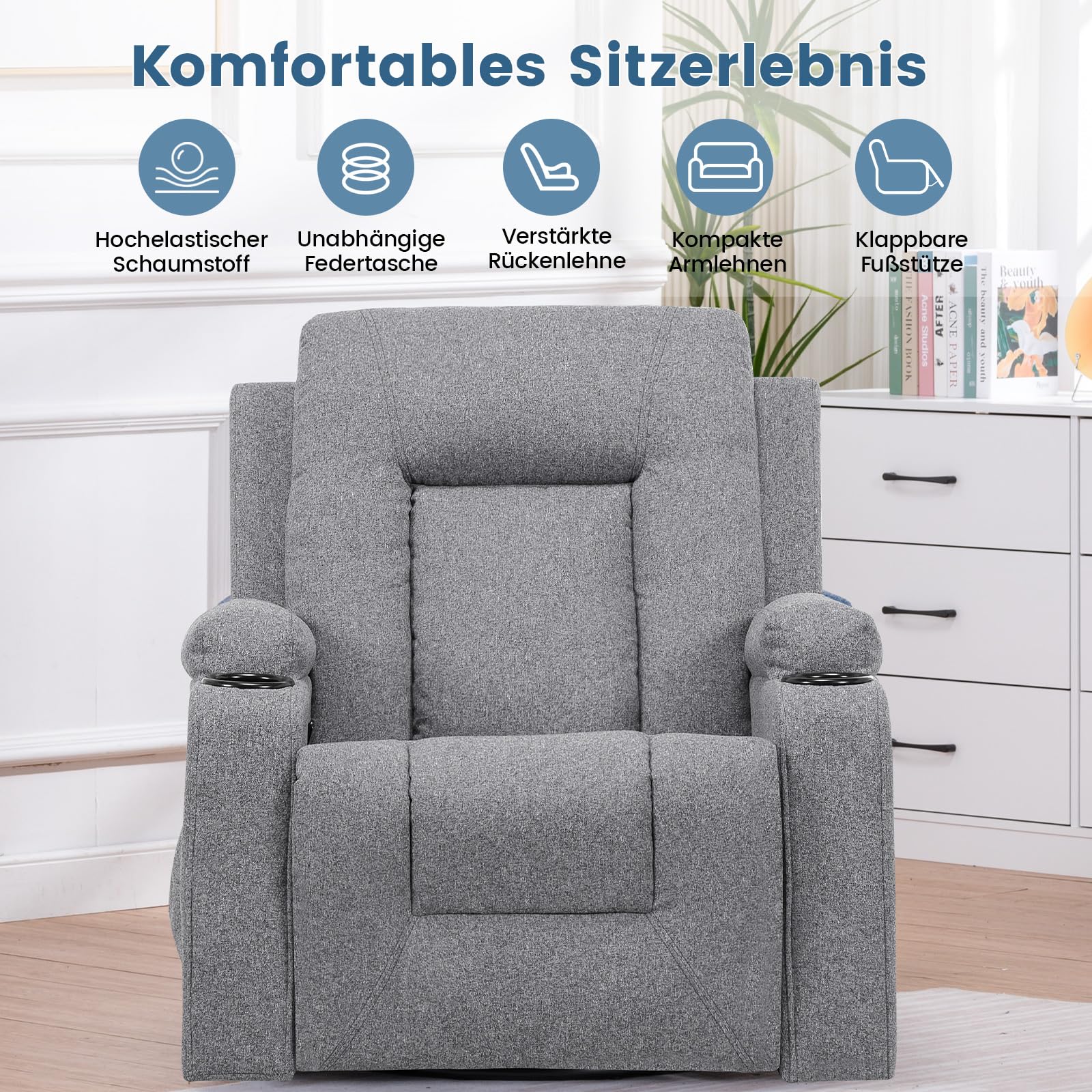 COMHOMA Relaxsessel aus Stoff für Wohnzimmer mit Manuell Verstellbarer Rückenlehne, Ausziehbarer Fußstütze, 360° Drehfunktion, Becherhaltern, Seitentaschen und Ergonomischem Design, Dunkelgrau