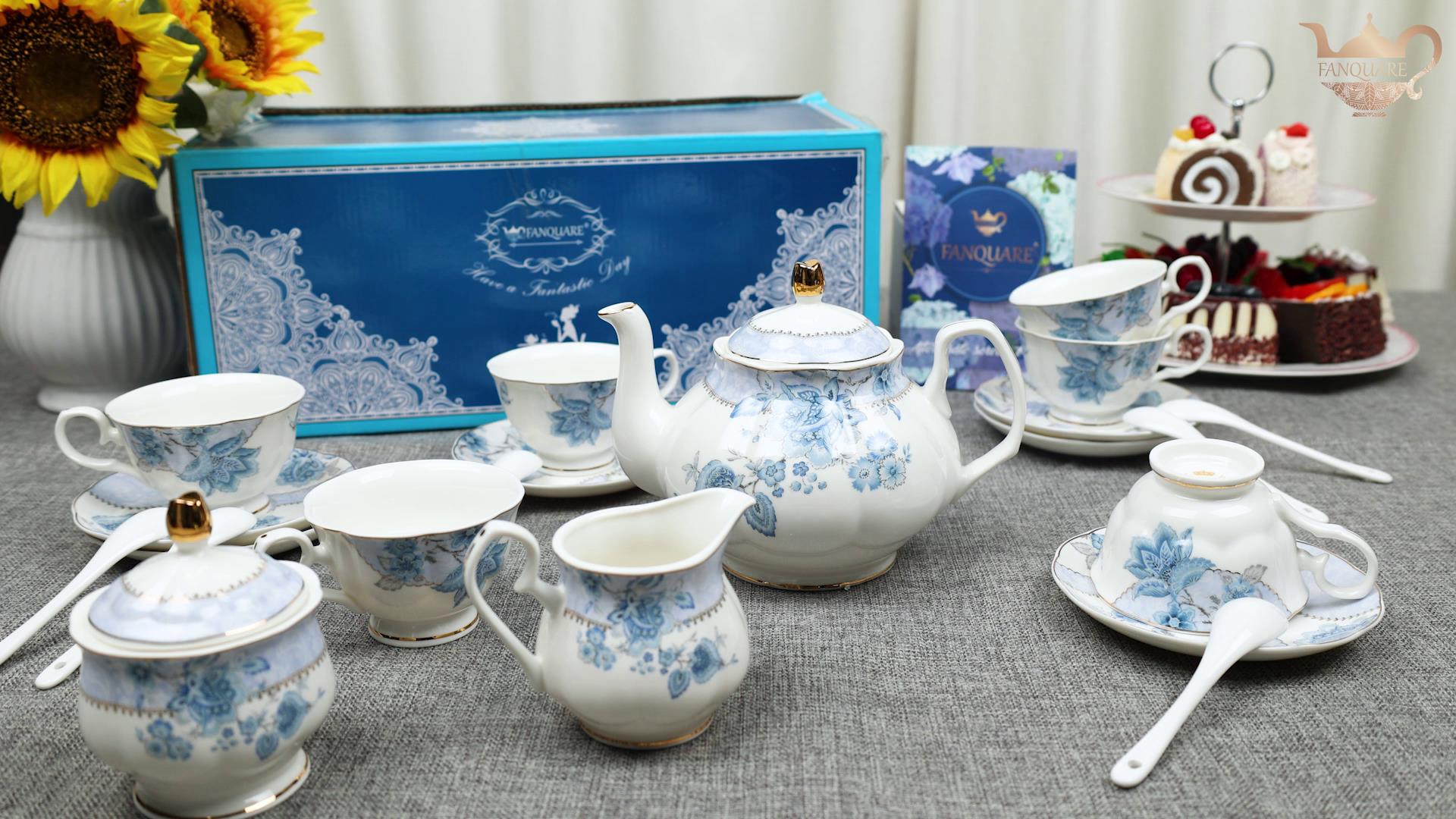 fanquare Juego de Té de Porcelana con Flores Azules, Juego de Taza y Plato de Té, Juego de Té para 6 Personas, Tetera de… - Imagen 8