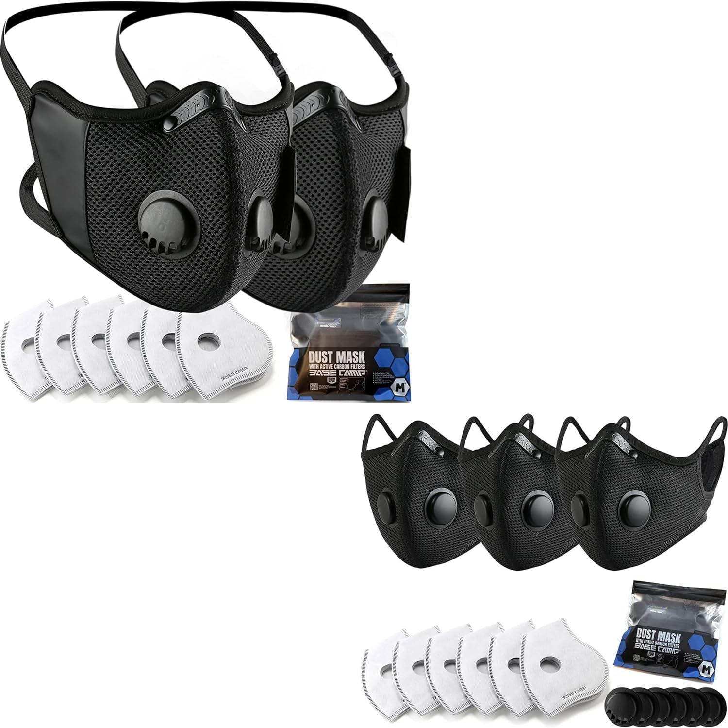 BASE CAMP M Cross Dust Mask(2 Pack) with 6 fliters Bundle with M Plus Dust Mask(3 Pack) with 6 fliters with 1 Set Valve Combo Kit