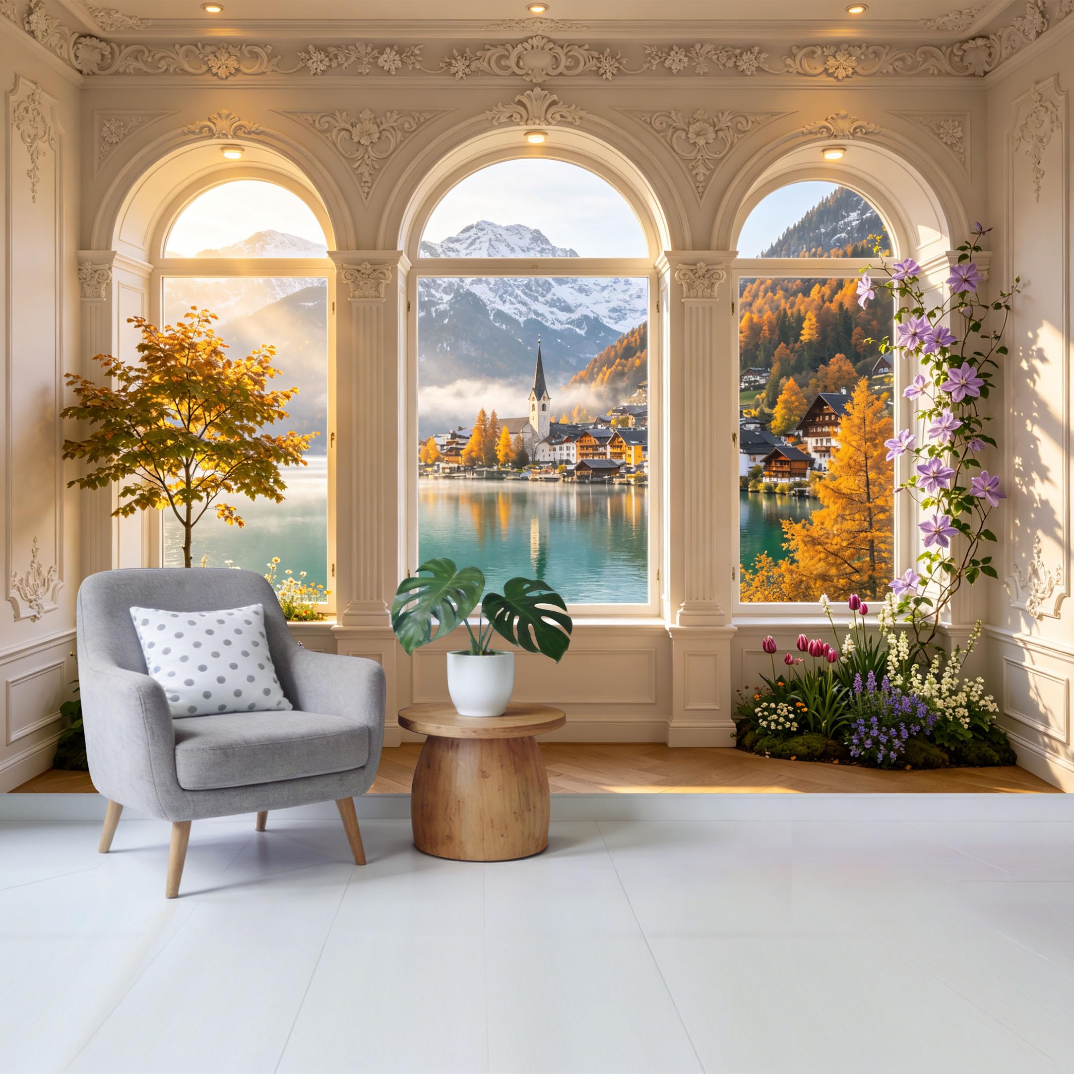 Custom Size Wall Mural Alpine Lake Village Landscape View Through Window Removable Self Adhesive Fabric Home Wall Decor for Living Room Bedroom Bathroom