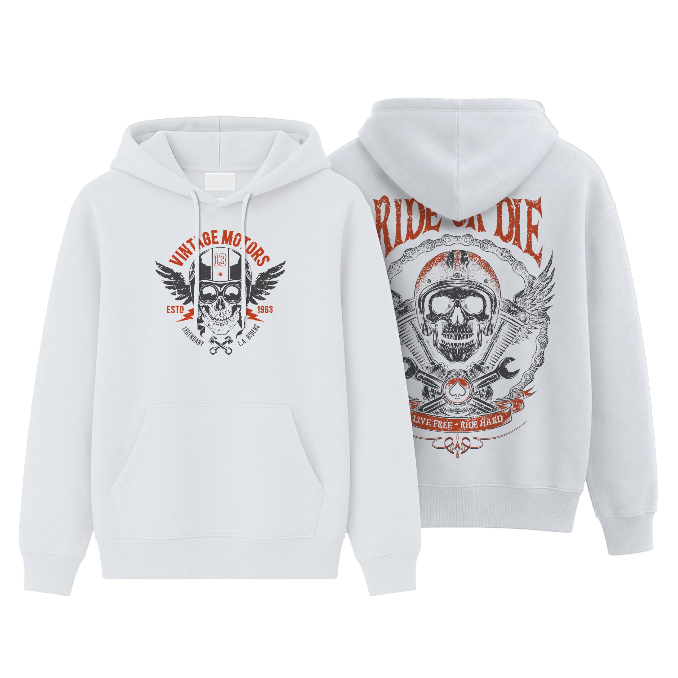 Vintage Motorcycle Graphic Hoodie for Men & Women | Skull Rider Back Print Hooded Sweatshirt | Premium 350 GSM Spun Fleece Regular Fit Winter Pullover with Kangaroo Pocket | White-picture-15
