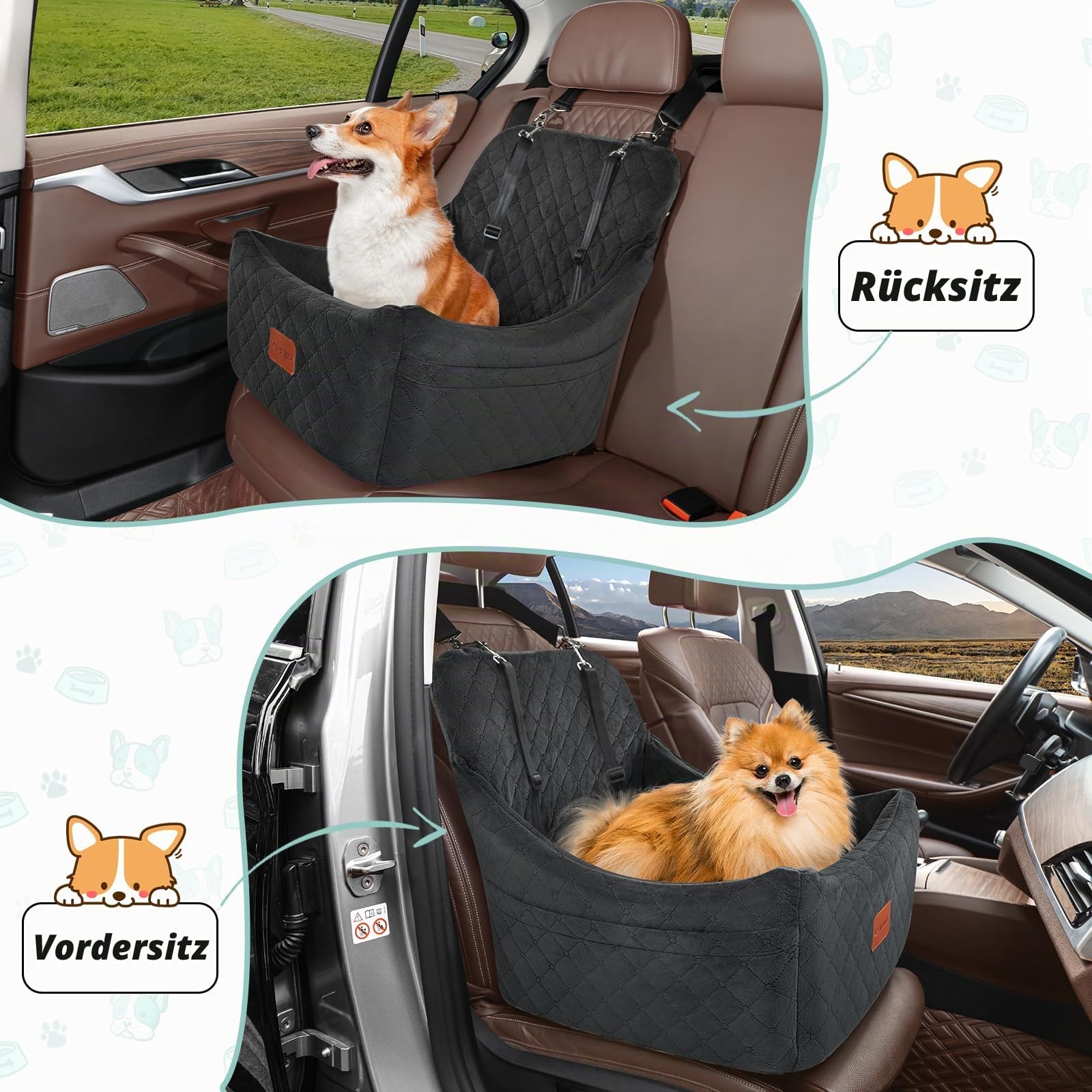 Lealchum Hundesitz für mittelgroße Hunde, verstellbaren Riemen, Anti-Rutsch-Boden Haustier Autositz, voll abnehmbar und waschbar (Black, Medium)