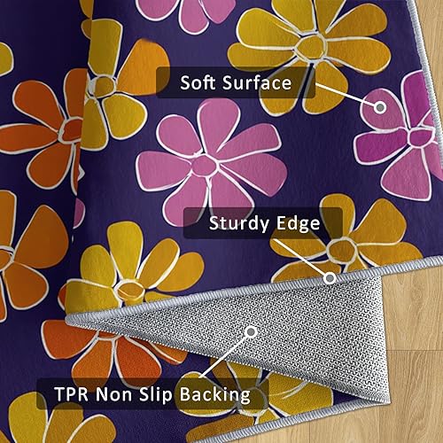 Miniatura 6 de Purple Flower Rugs for Living Room 7x8, Retro Floral Bedroom Carpet, Vintage 70s Bohemian Pattern Design Area Rug, Washable Non Slip Soft Area