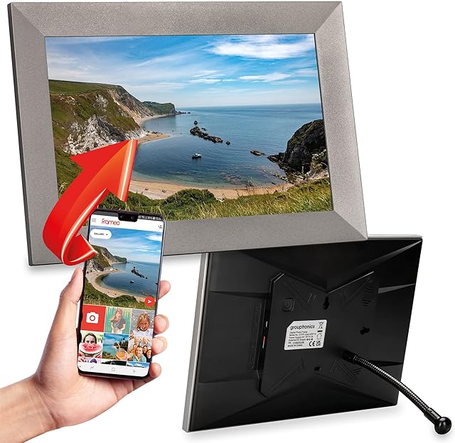 Grouptronics Gallery10 Easy To Use Wi-Fi Digital Photo Frame  10 Inch, Send Photo or Video Via Free Phone App - Touch Screen, Auto Sleep & Rotate, Bendy Stand, Landscape or Portrait, 16GB - Silver