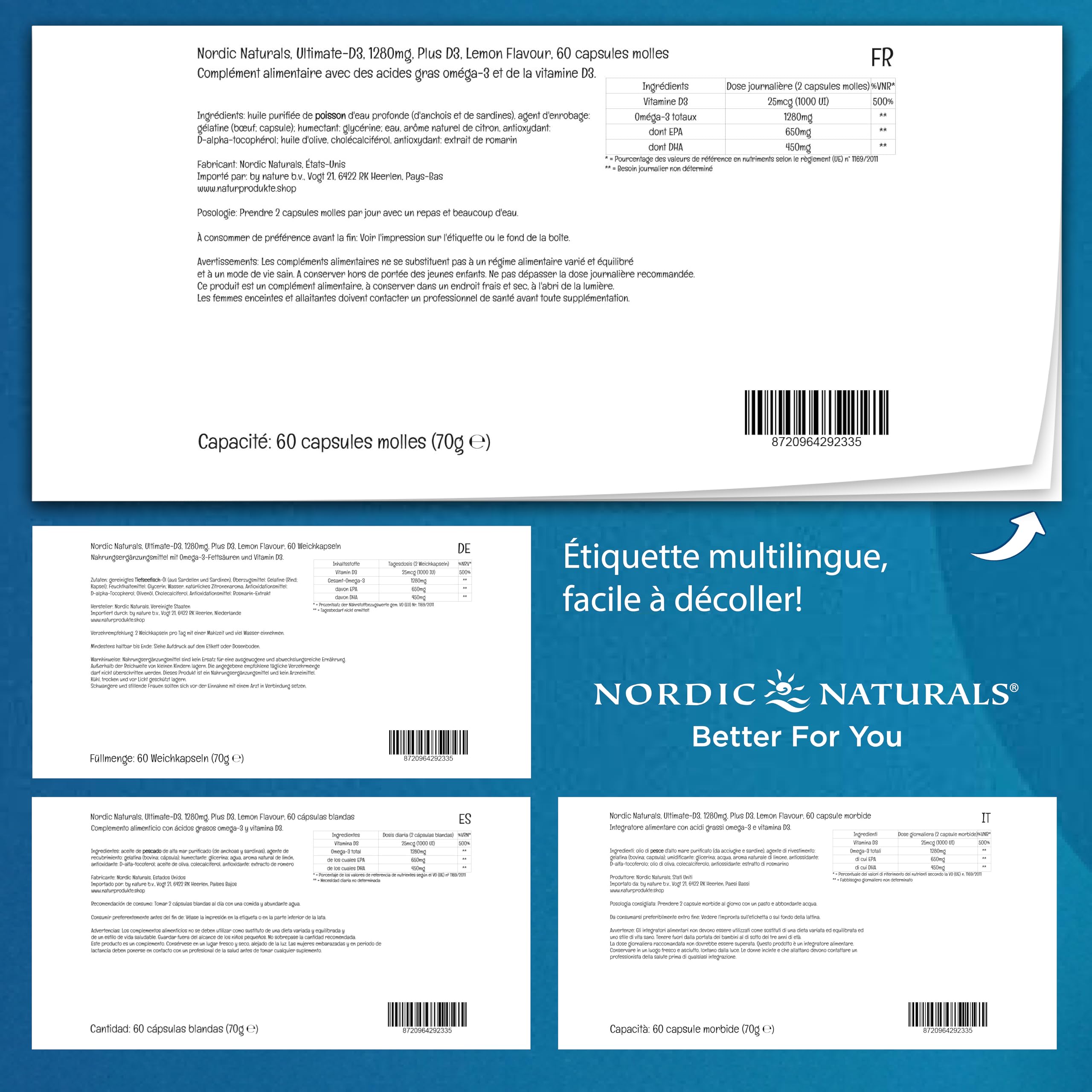 Nordic Naturals, Ultimate Omega-D3, 1280mg d'Oméga-3, avec EPA, DHA et Vitamine D3, Haute Dosé, Goût Citron, 60 Capsules molles, Sans Soja, Sans Gluten, Sans OGM