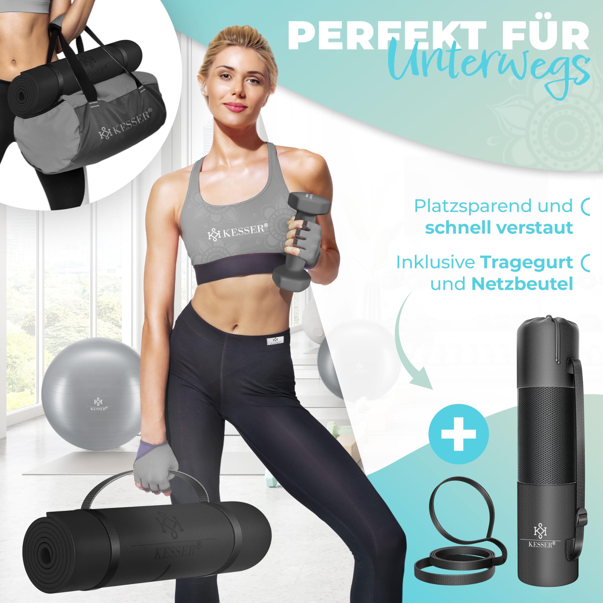 KESSER® Gymnastikmatte mit Tragegurt rutschfest TPE Yogamatte Gepolstert & rutschfest Fitnessmatte, 183 x 61 Trainingsmatte für Fitness Sportmatte, Pilates & Gymnastik Workout