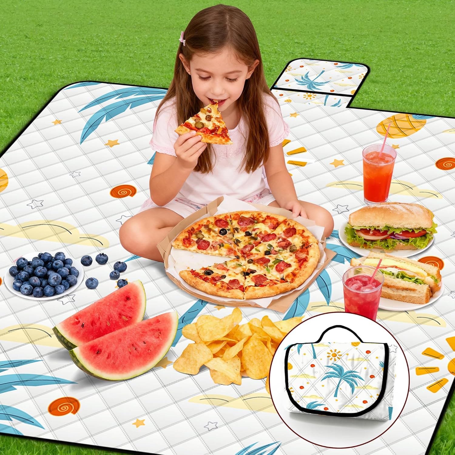 Extra Large Picnic Blanket Waterproof,80"x 80"Foldable Machine Washable Beach Blanket,Outdoor Blanket for 6-8 Adults,Suitable for Indoor Crawling,Park Beach,Camping,Hiking,Family Travel(Island)