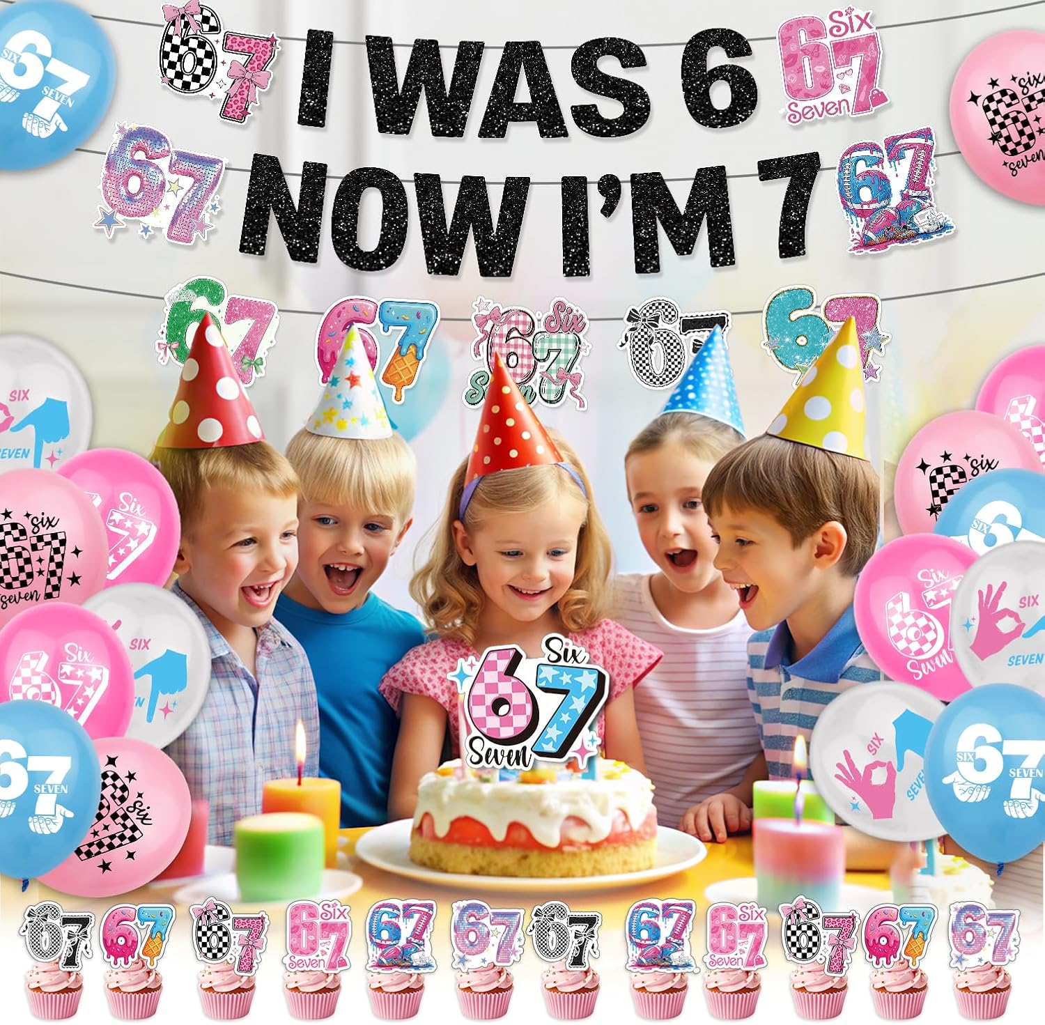 6 7 Birthday Decorations, 67 Party Decorations with Backdrop, Banner, Cake Topper, Cupcake Toppers, Balloons, 67 Birthday Decorations for I Was 6 Now I'm 7 Birthday Decorations image 5