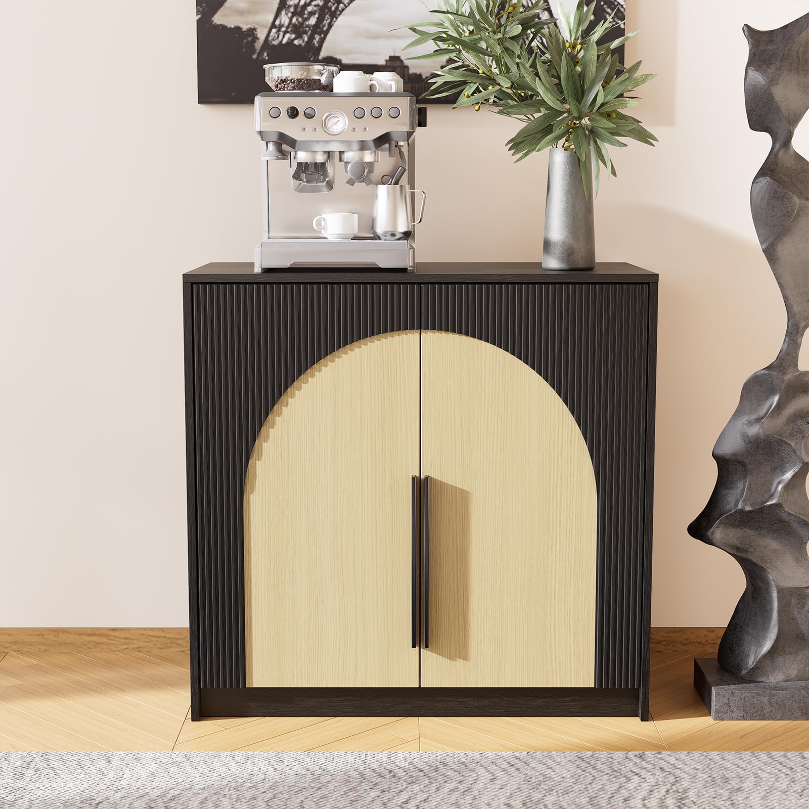 BATHWILLER Small Fluted Sideboard Buffet Cabinet, Coffee Bar with Large Storage, Modern Media Console Credenza, Farmhouse Buffet Table Accent Cabinet