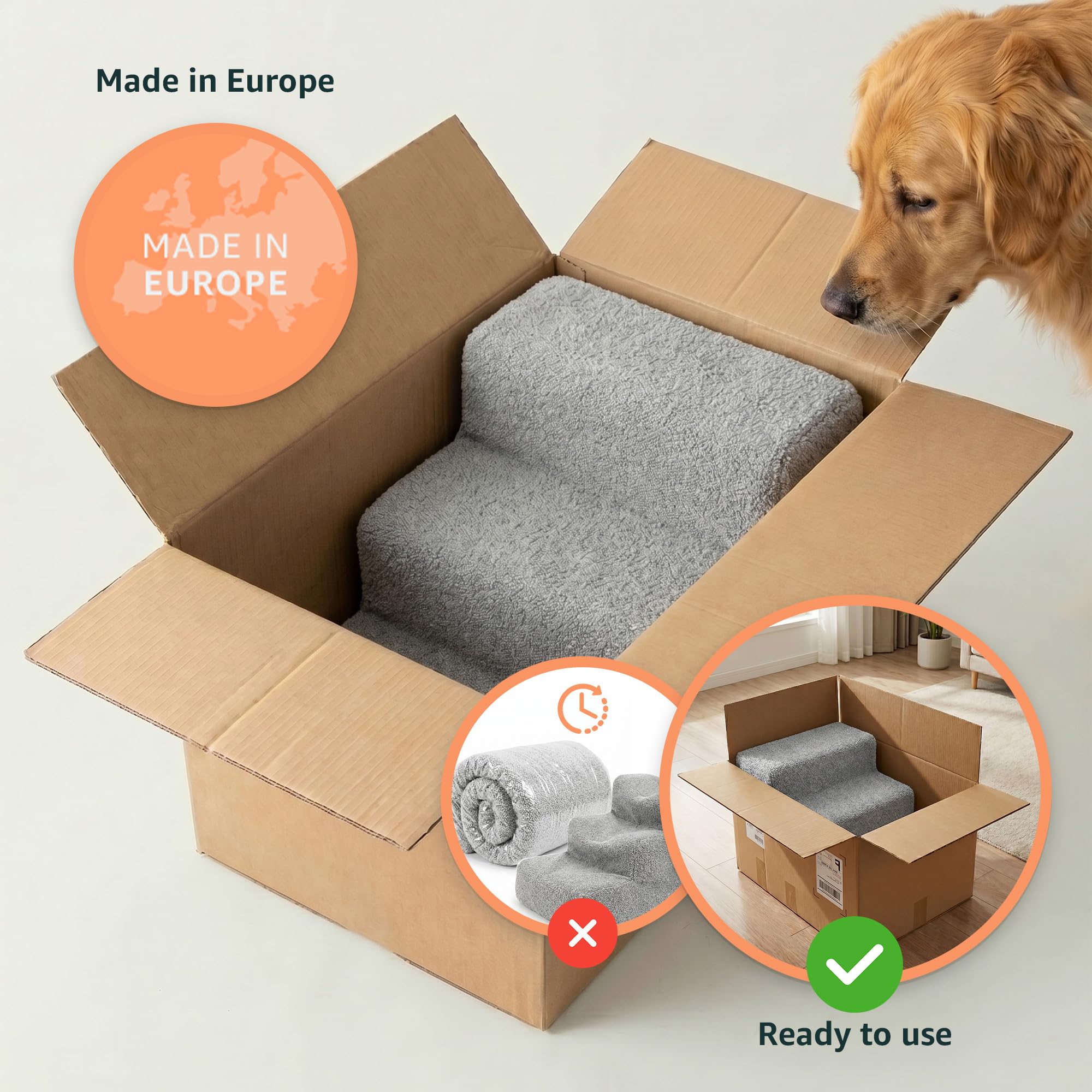 murando - Escalier pour Chien et Chat Canapé et Lit 3 Marches - 30 cm - Escaliers pour Chiens - Marche pour Chien - Housse Amovible et Lavable - Robuste en Mousse Rampe pour Chiens - Bouclé - Gris
