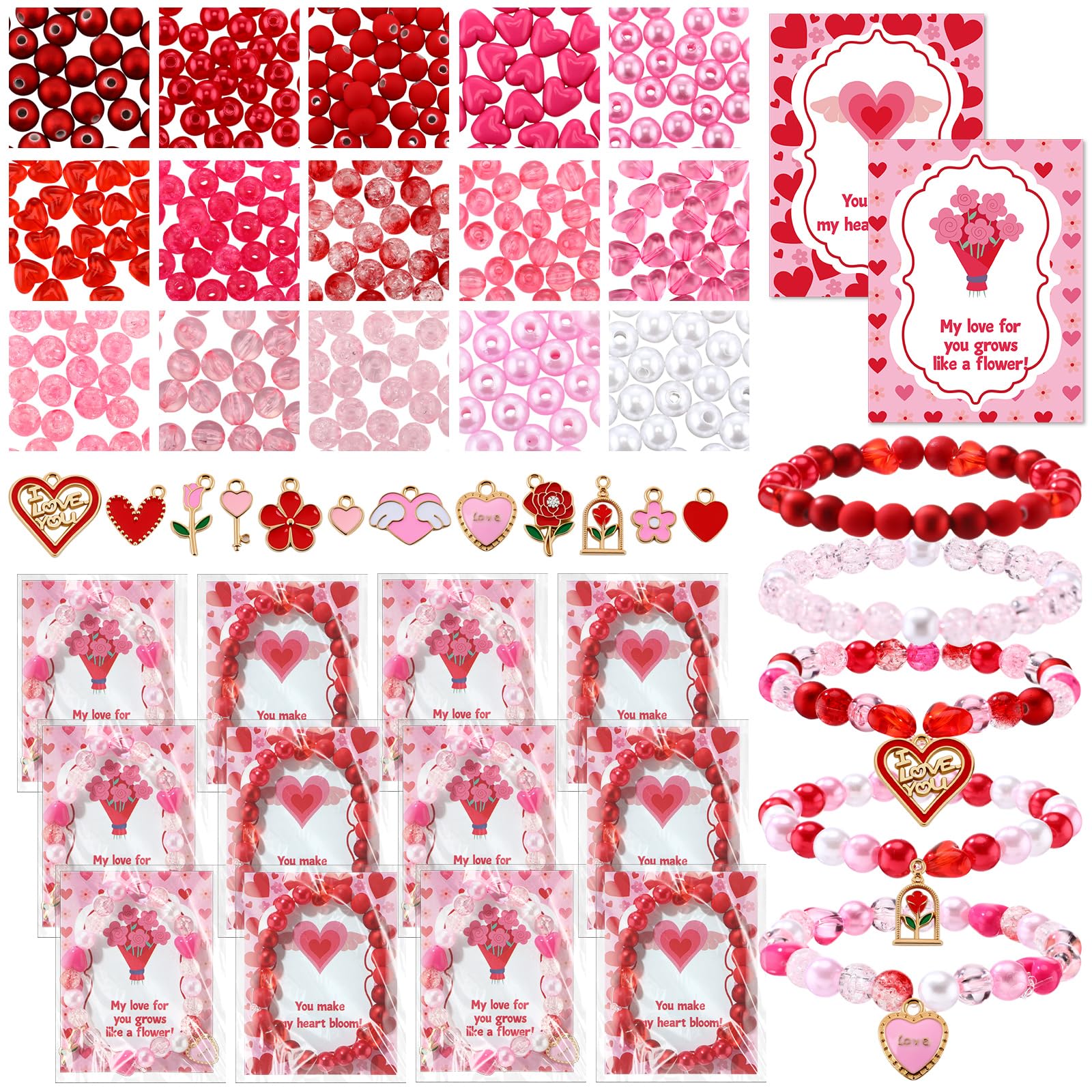 Chunful 757 Pcs Valentine's Day Beads Charm for Jewelry Making Heart Rose Flower Acrylic Crystal Bead with Cards for Women Bracelet Necklace Earrings Making DIY Crafts Accessories Party Decoration-image-13