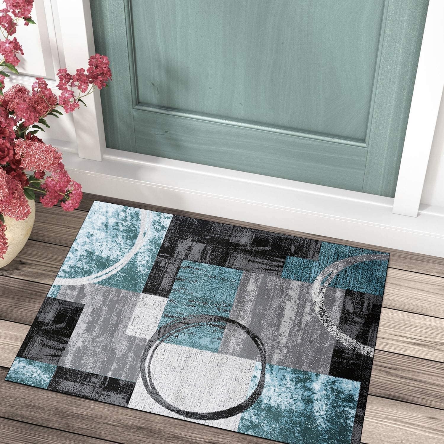 Läufer Flur Küche Teppich rutschfest Blau Grau 120x450CM Lang Kücheläufer Waschbar Meterware Modern Teppichmatten Korridor Polyester Wohnzimmer Schlafzimmer 40-120cm Breit, Anpassbare Größe