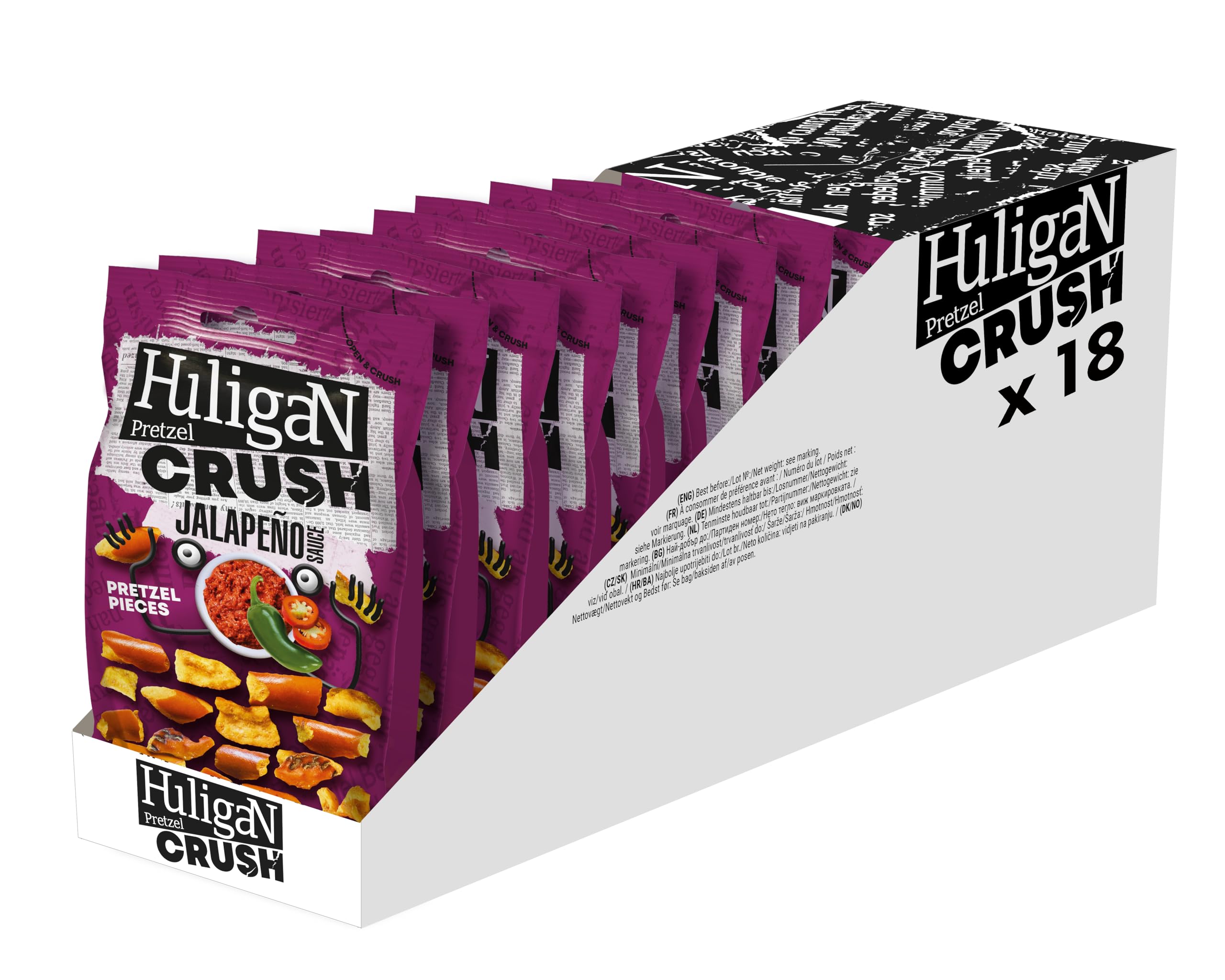 Huligan Jalapeno Pretzels Crush (Pack of 18 x 65G) - Baked Pretzel Thins Savoury Snacks Bulk Healthy Vegetarian Snack Box Jalepenos Crisps Multipack (Pack of 18)